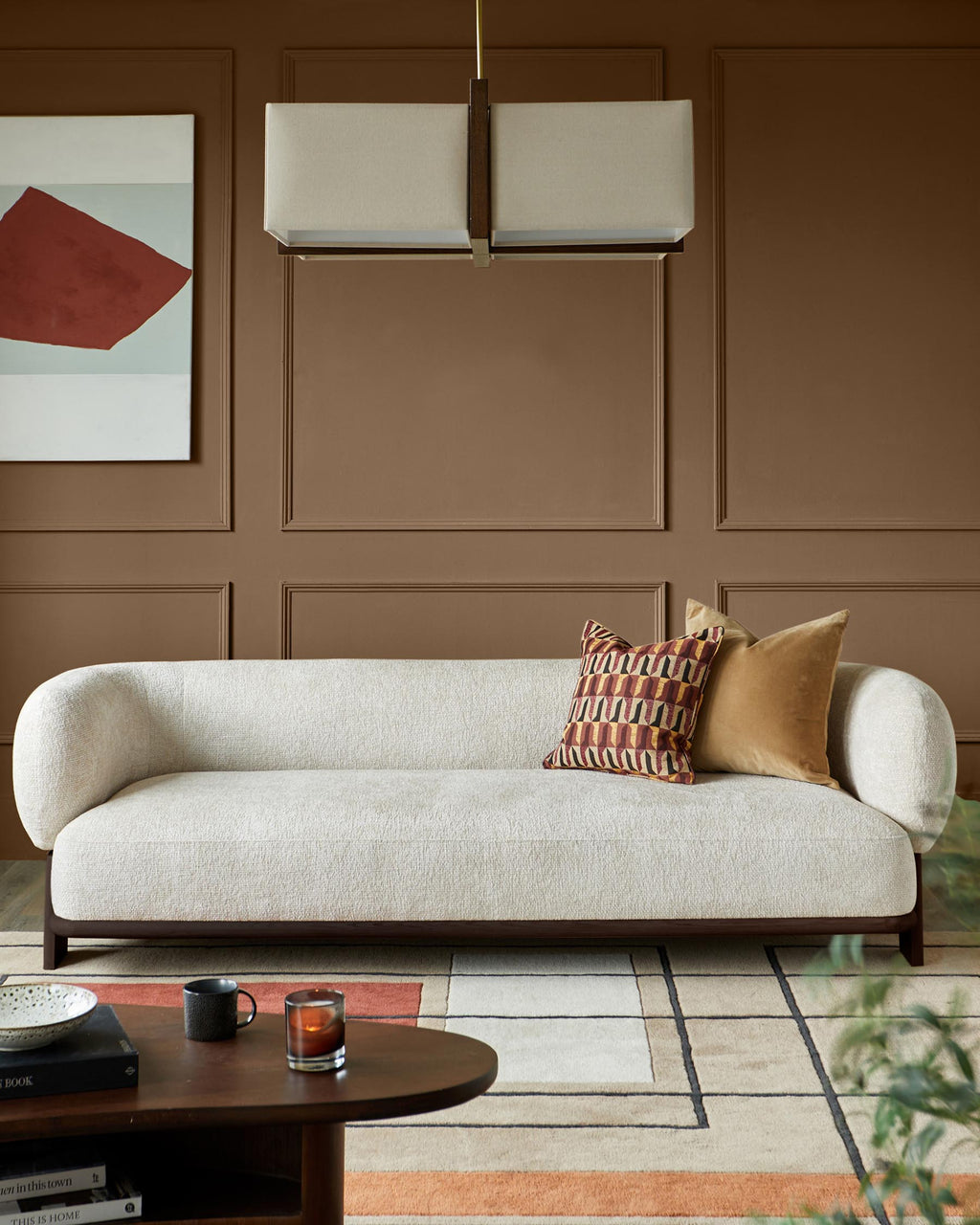 Florence natural fabric with dark wood 3 seater sofa