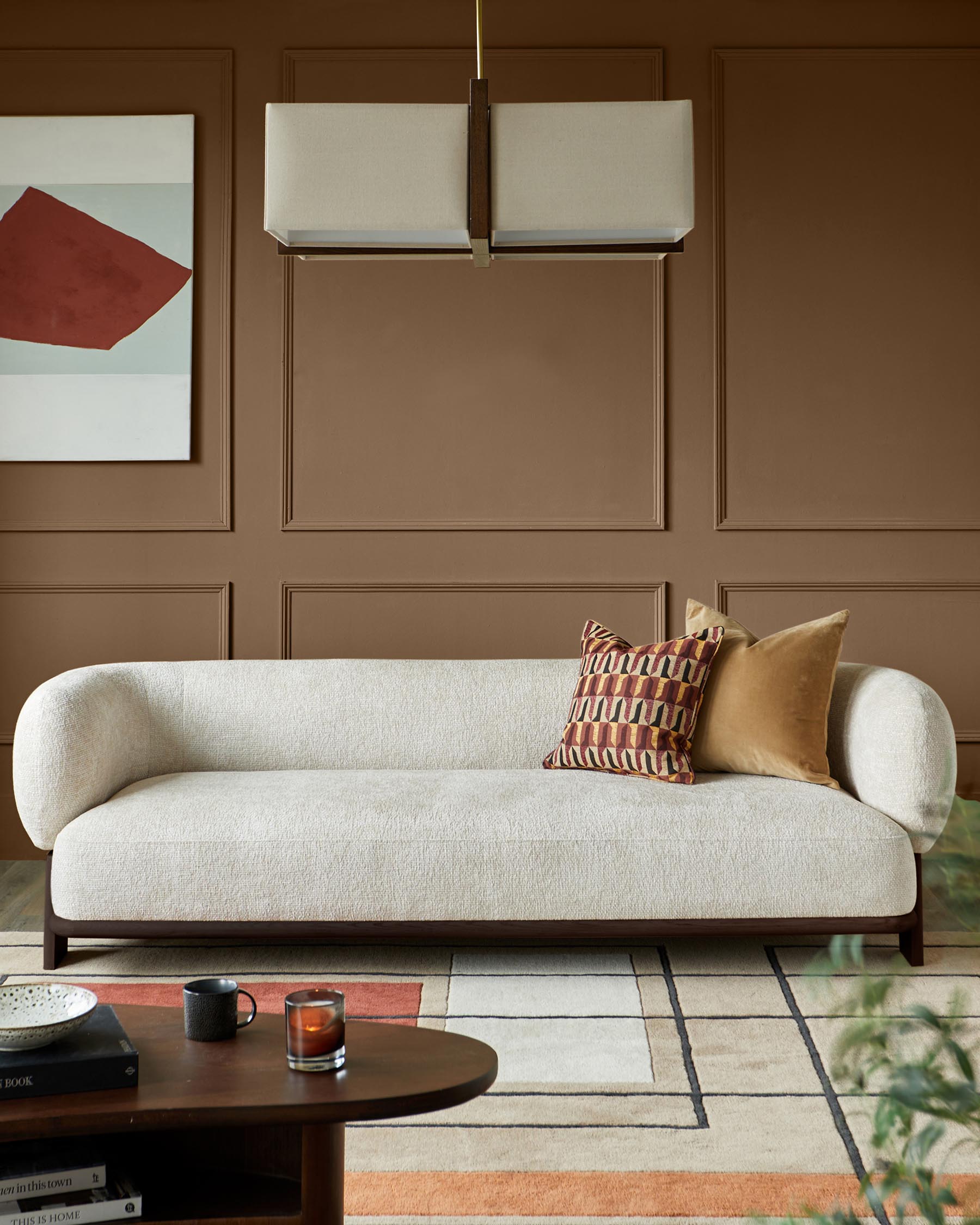 Florence natural fabric with dark wood 3 seater sofa