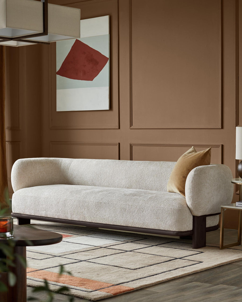 Florence natural fabric with dark wood 3 seater sofa