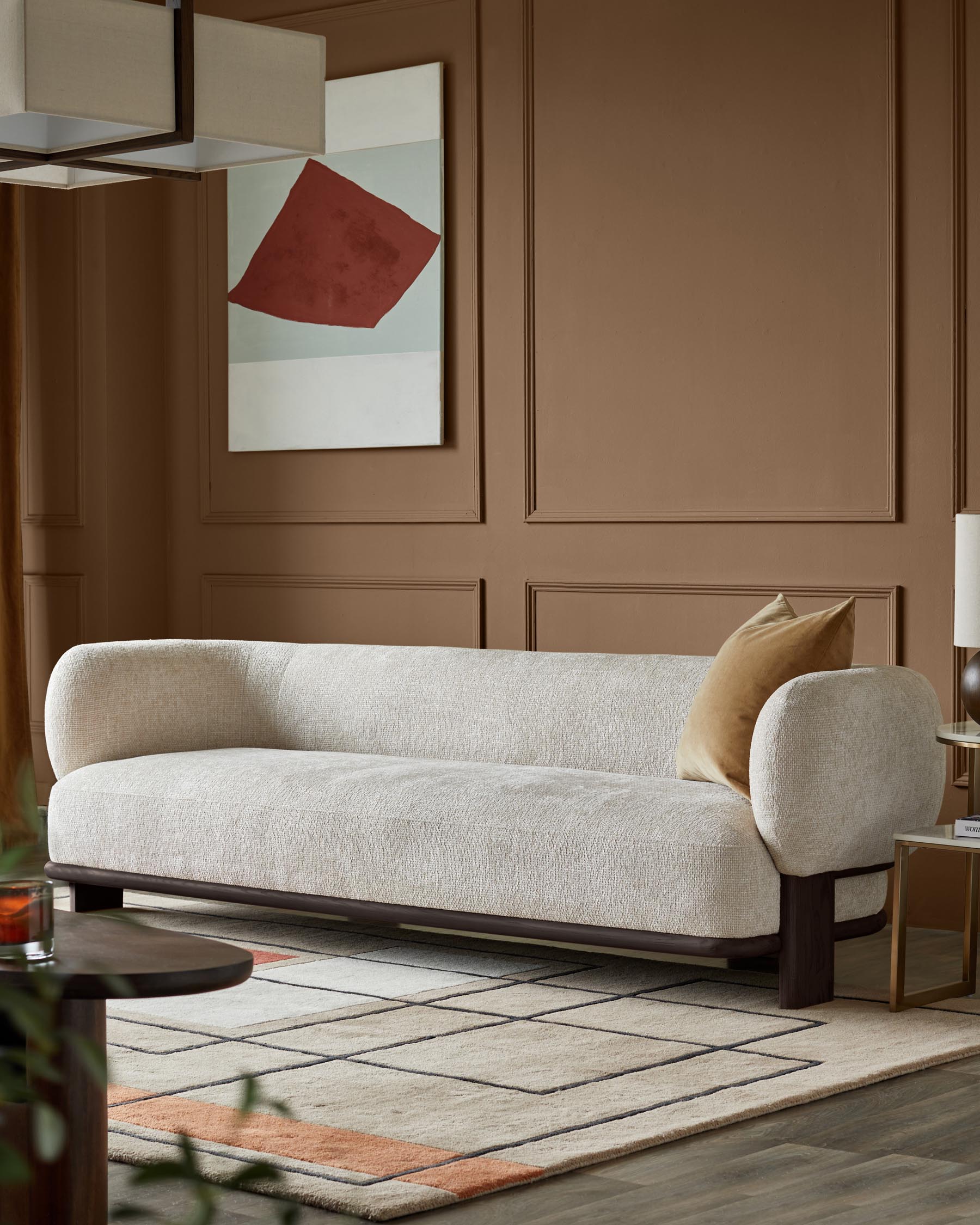 Florence natural fabric with dark wood 3 seater sofa