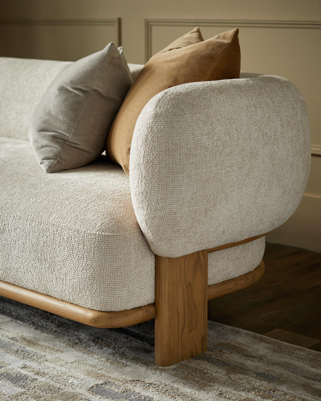 Florence natural fabric with light wood 3 seater sofa