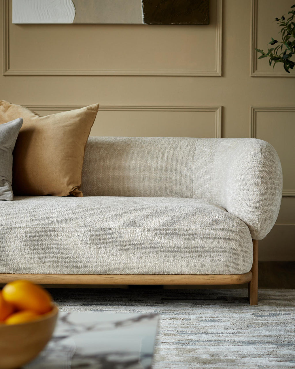 Florence natural fabric with light wood 3 seater sofa