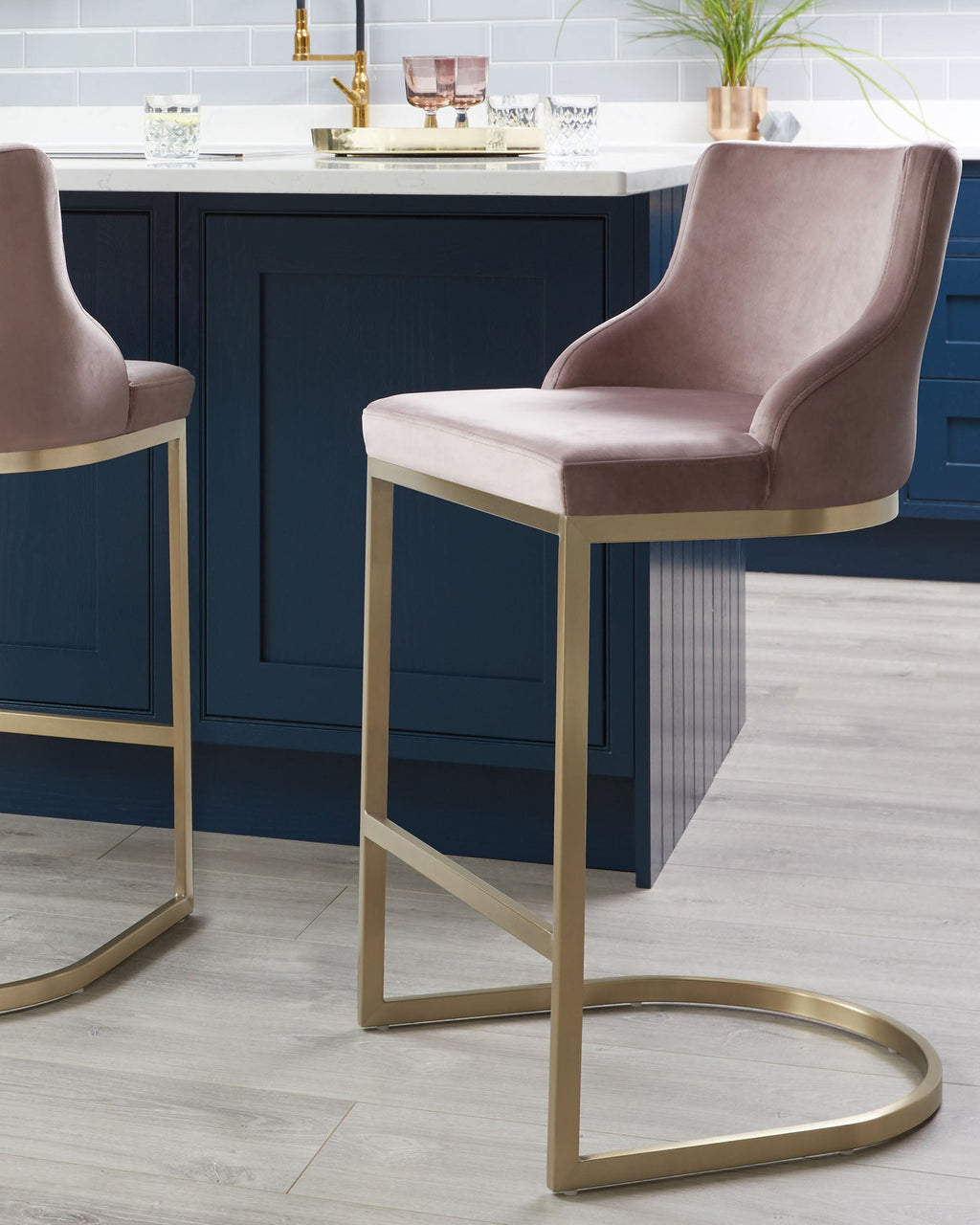 Form Blush Pink Velvet & Brass Bar Stool With Backrest