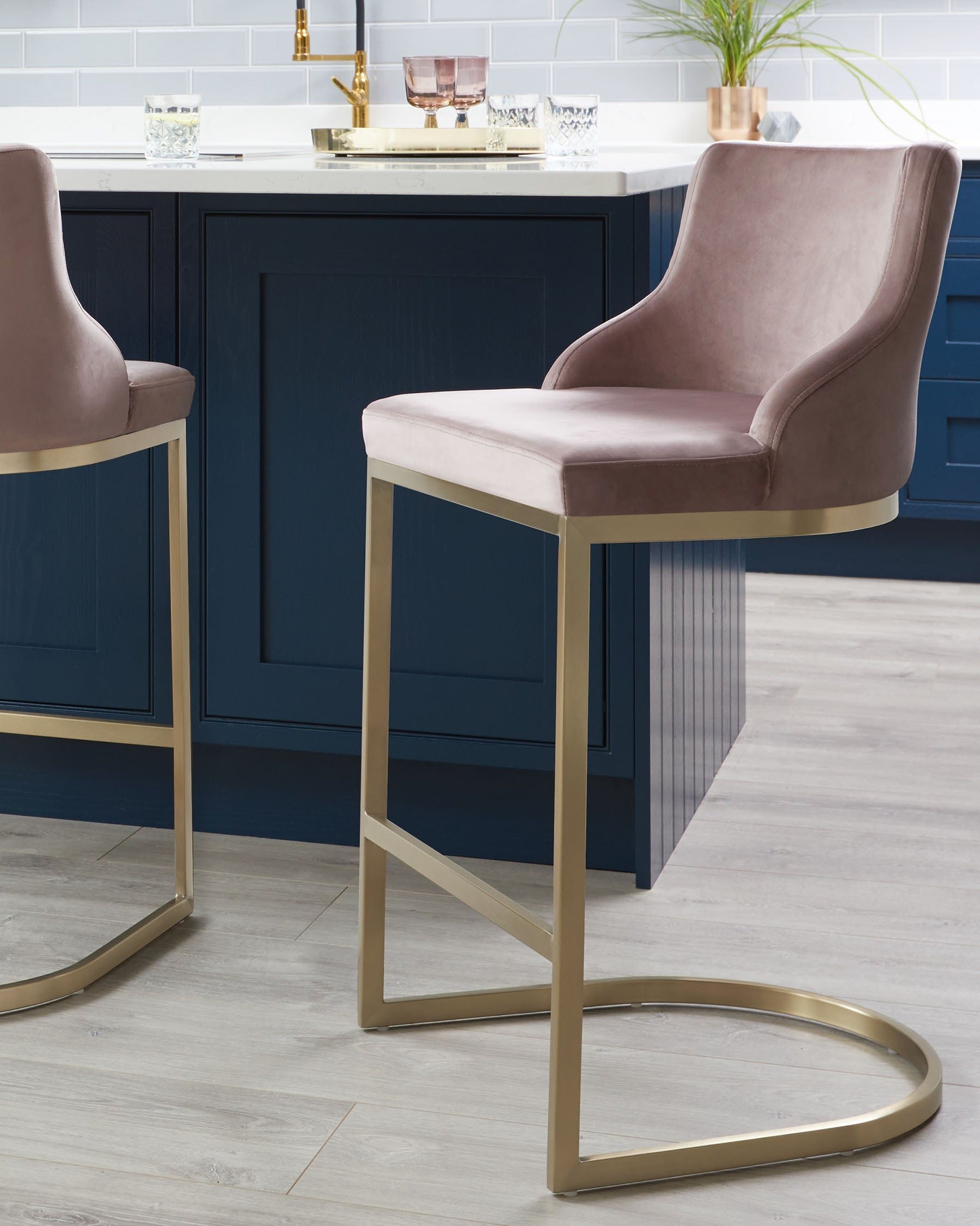 Form Blush Pink Velvet & Brass Bar Stool With Backrest