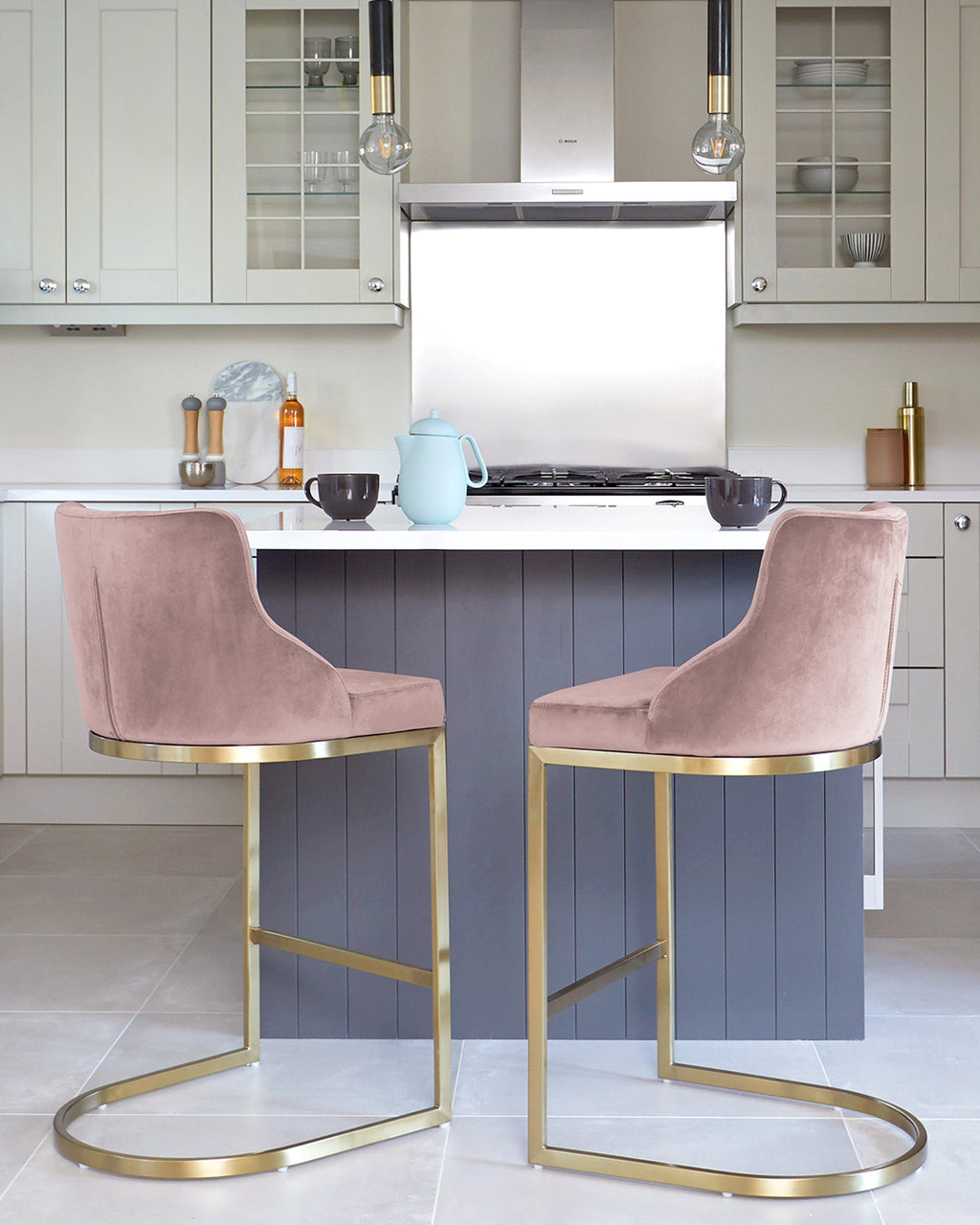 Form Blush Pink Velvet & Brass Bar Stool With Backrest
