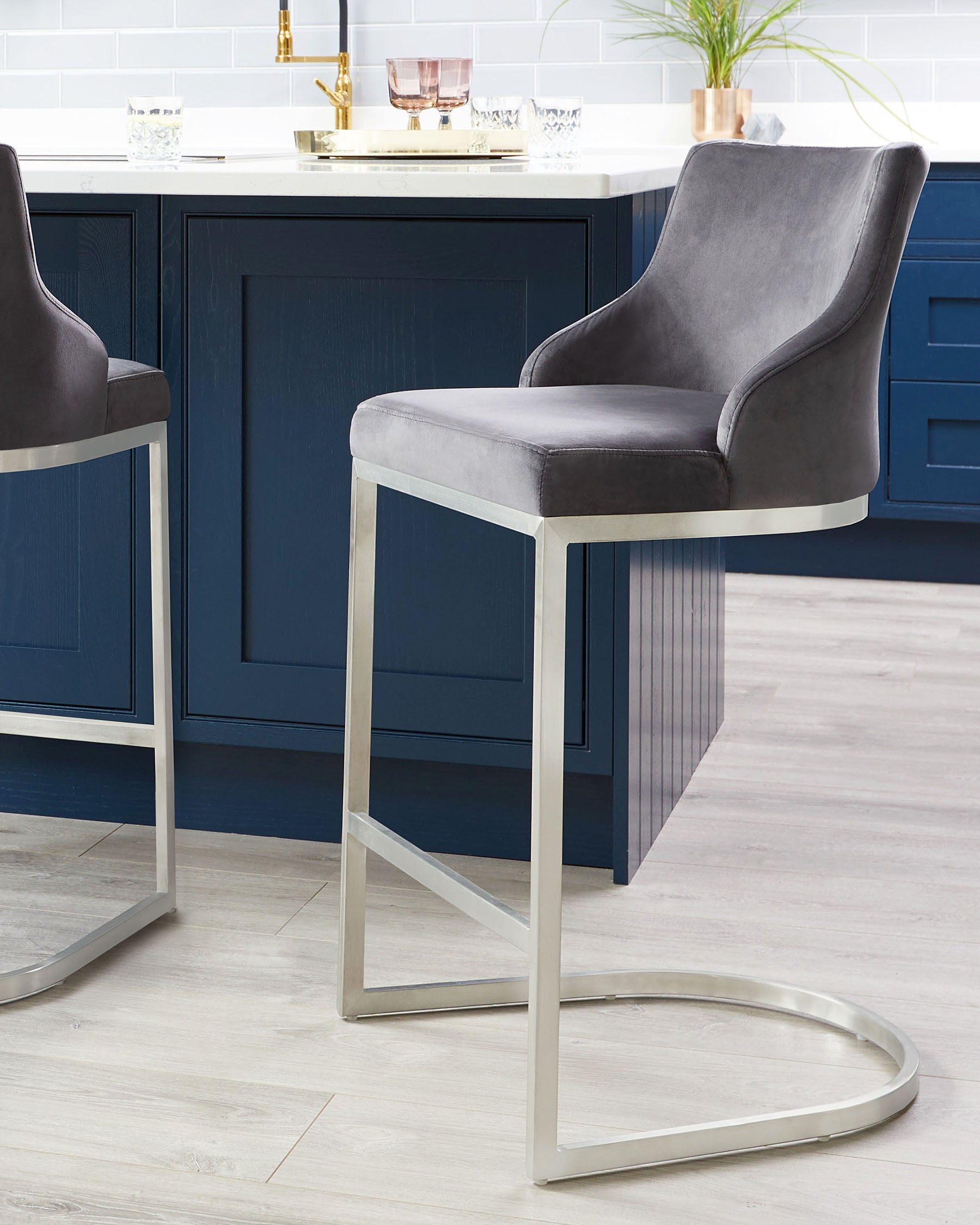 Form Dark Grey Velvet And Brushed Steel Bar Stool With Backrest