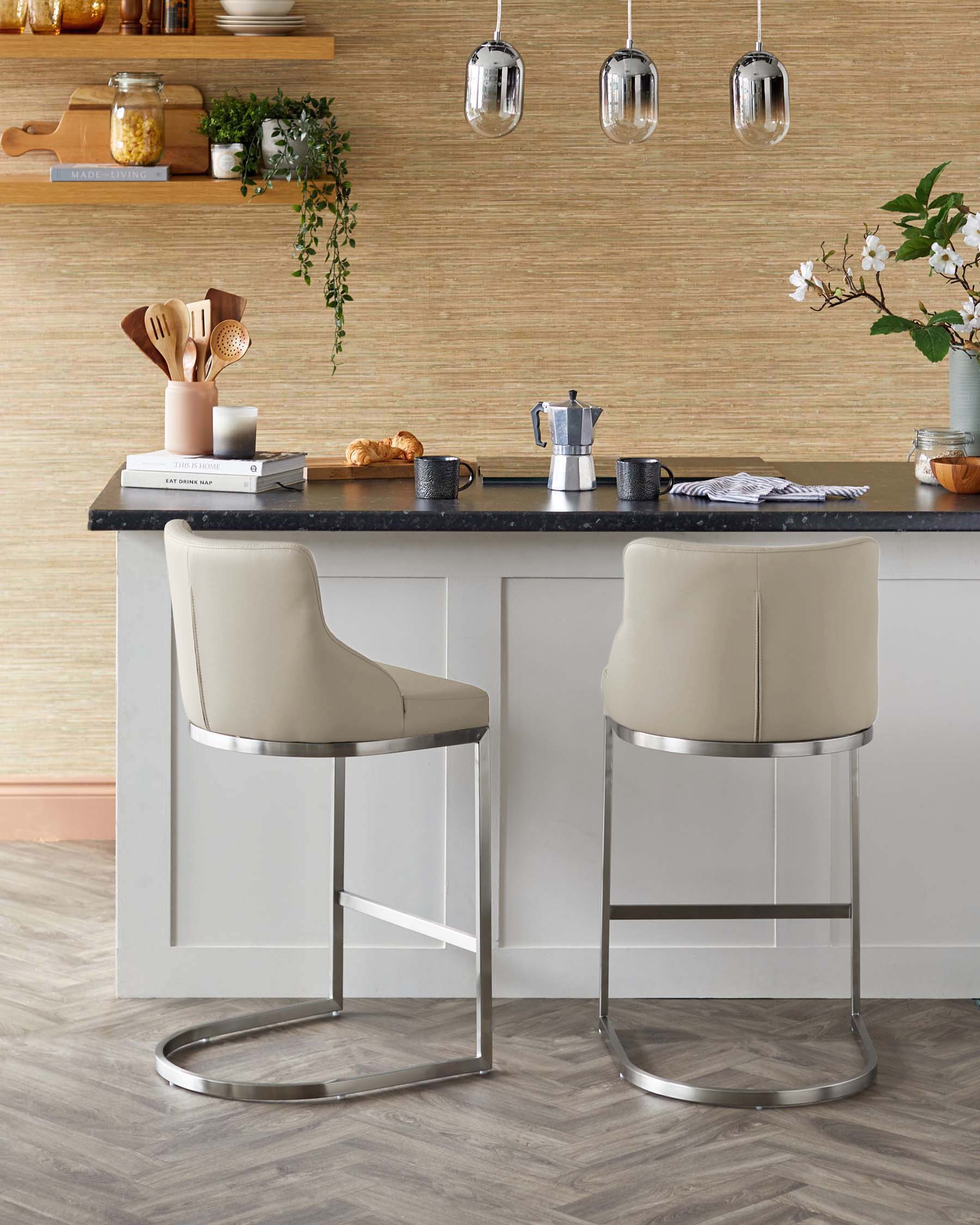 Form Light Grey Faux Leather Stainless Steel Bar Stool With Backrest