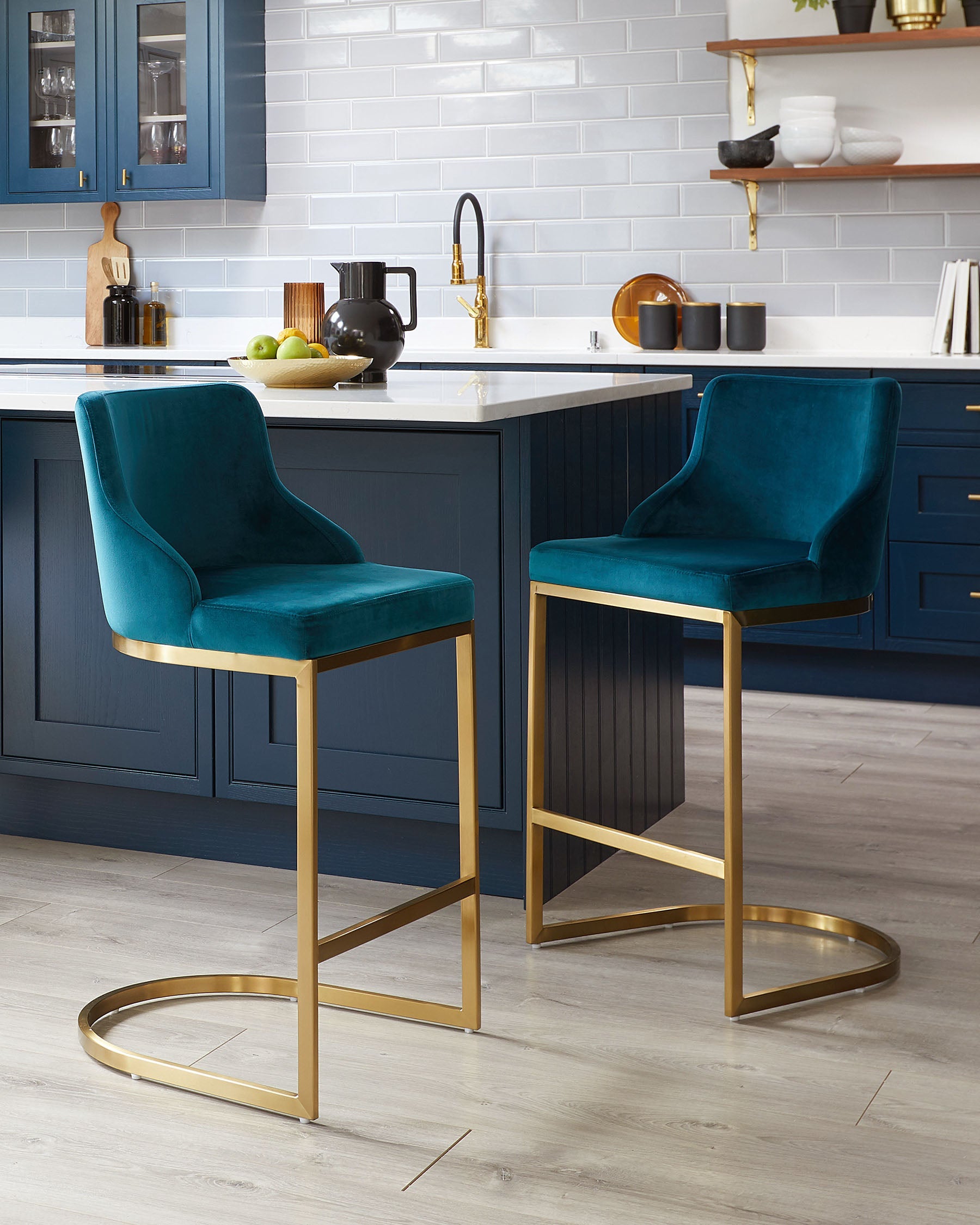 Form Dark Teal Velvet And Brass Bar Stool With Backrest