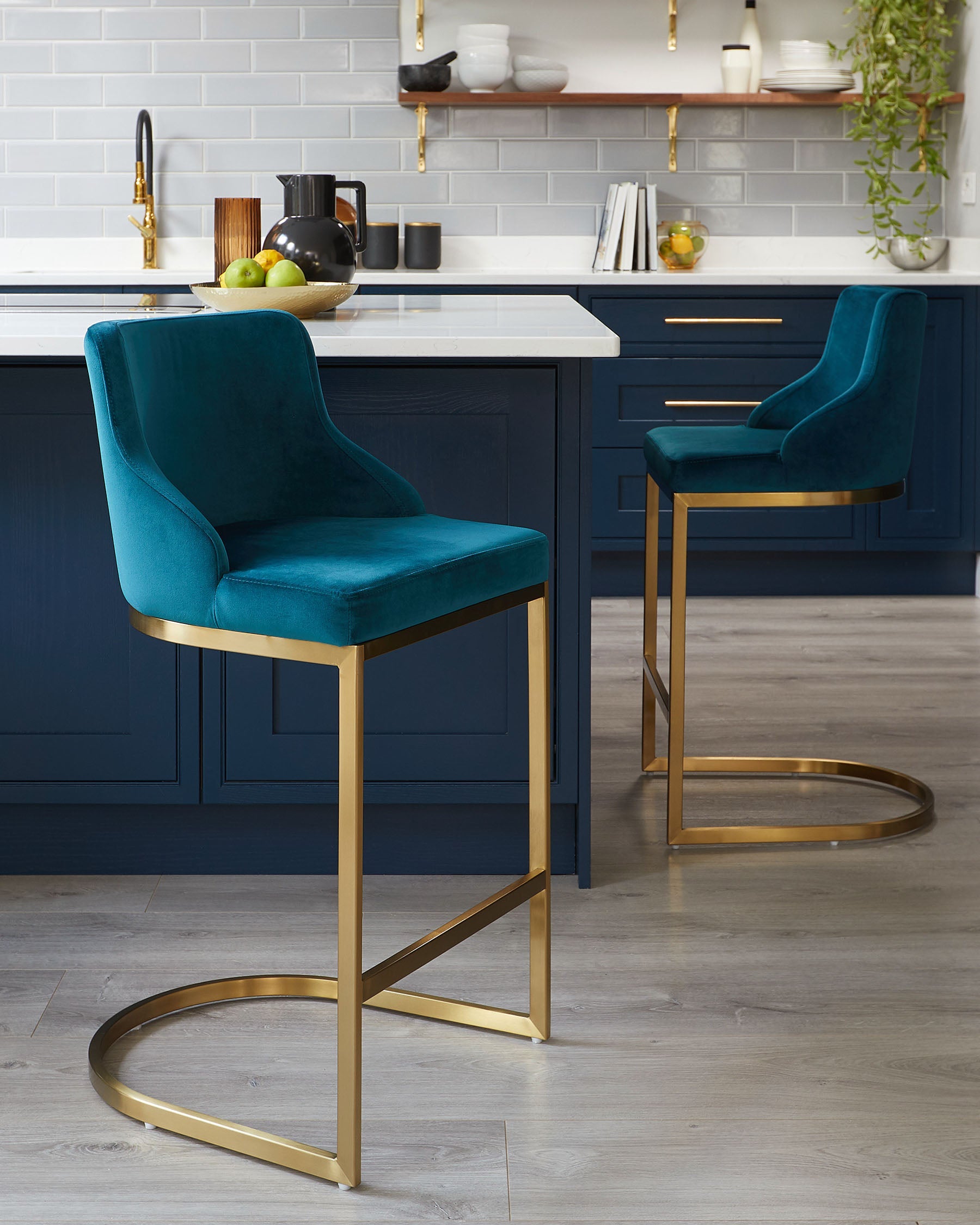 Form Dark Teal Velvet And Brass Bar Stool With Backrest