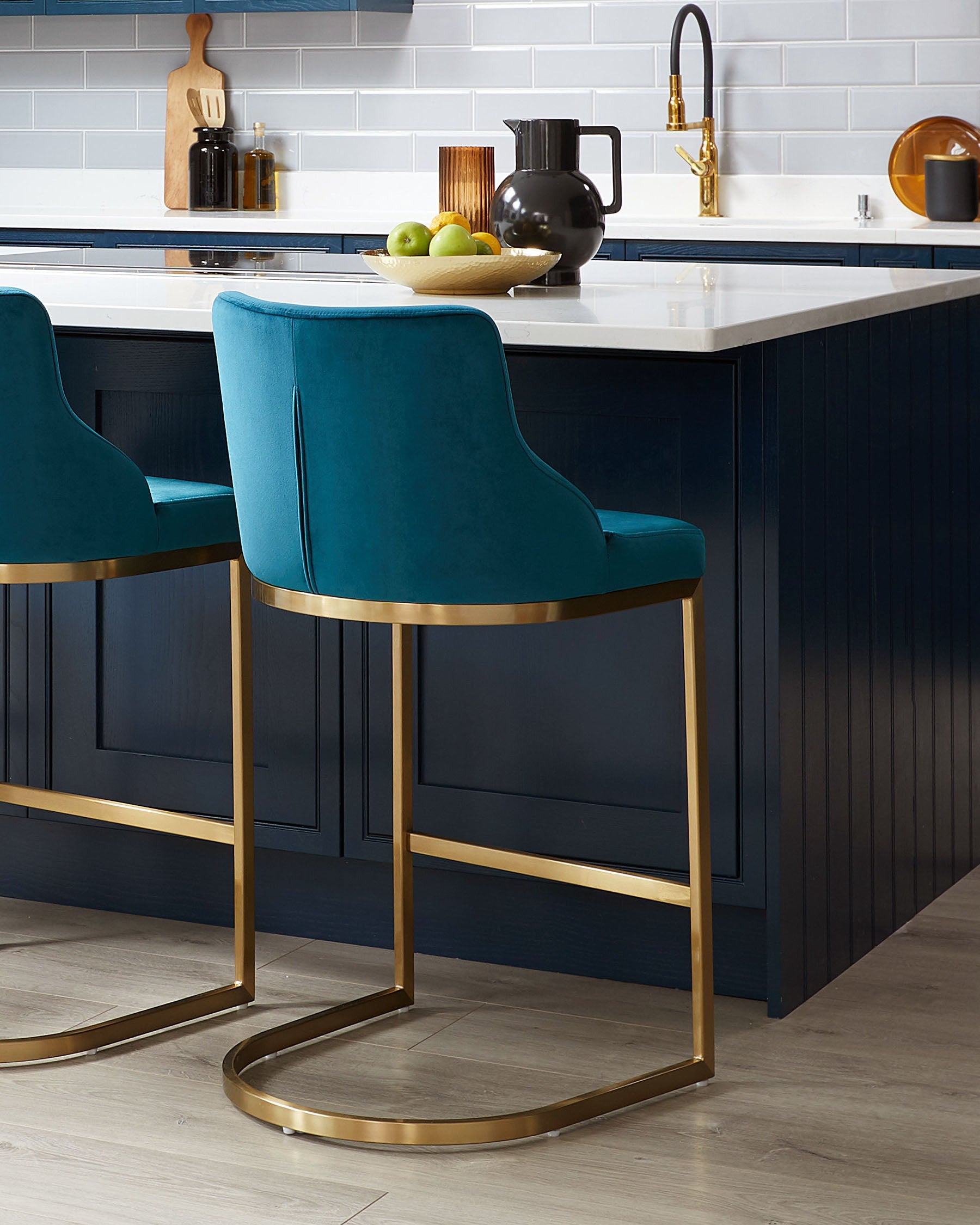 Form Dark Teal Velvet And Brass Bar Stool With Backrest