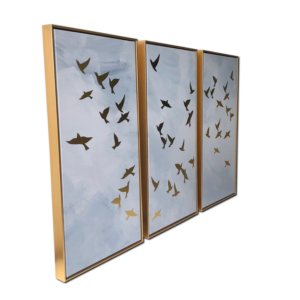 Golden Birds 3 Piece Set Print on Gold Floating Framed Canvas Wall Art