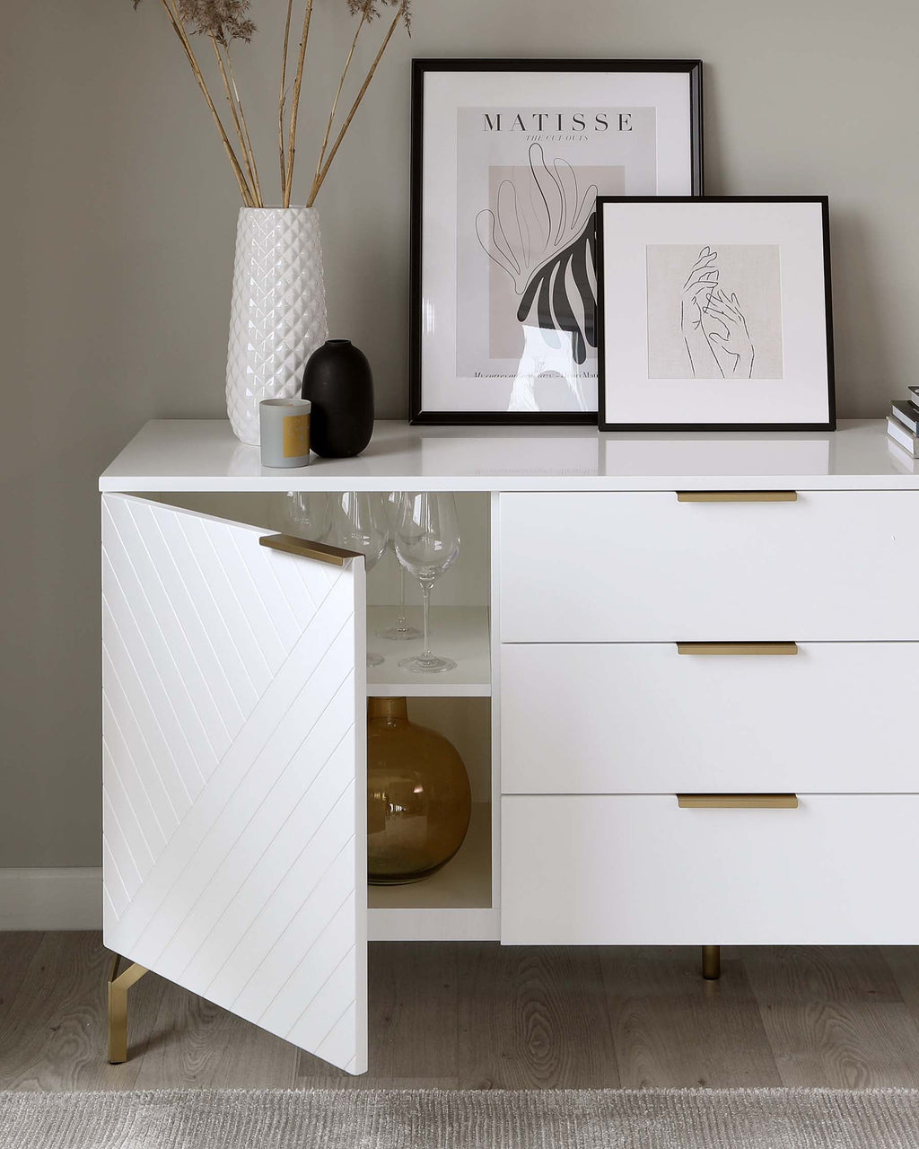 Geo Large Matt White and Brass Textured Sideboard