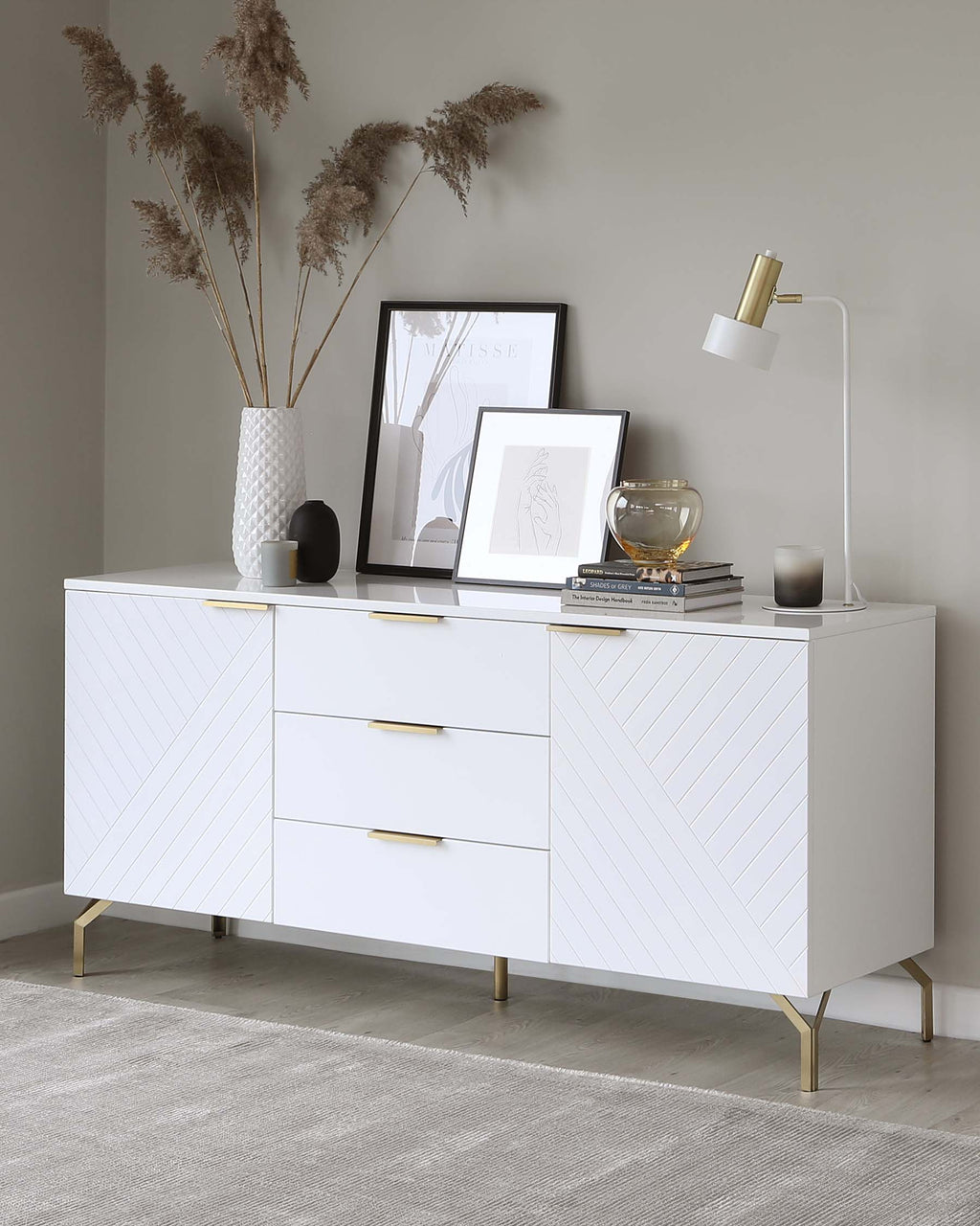 Geo Large Matt White and Brass Textured Sideboard
