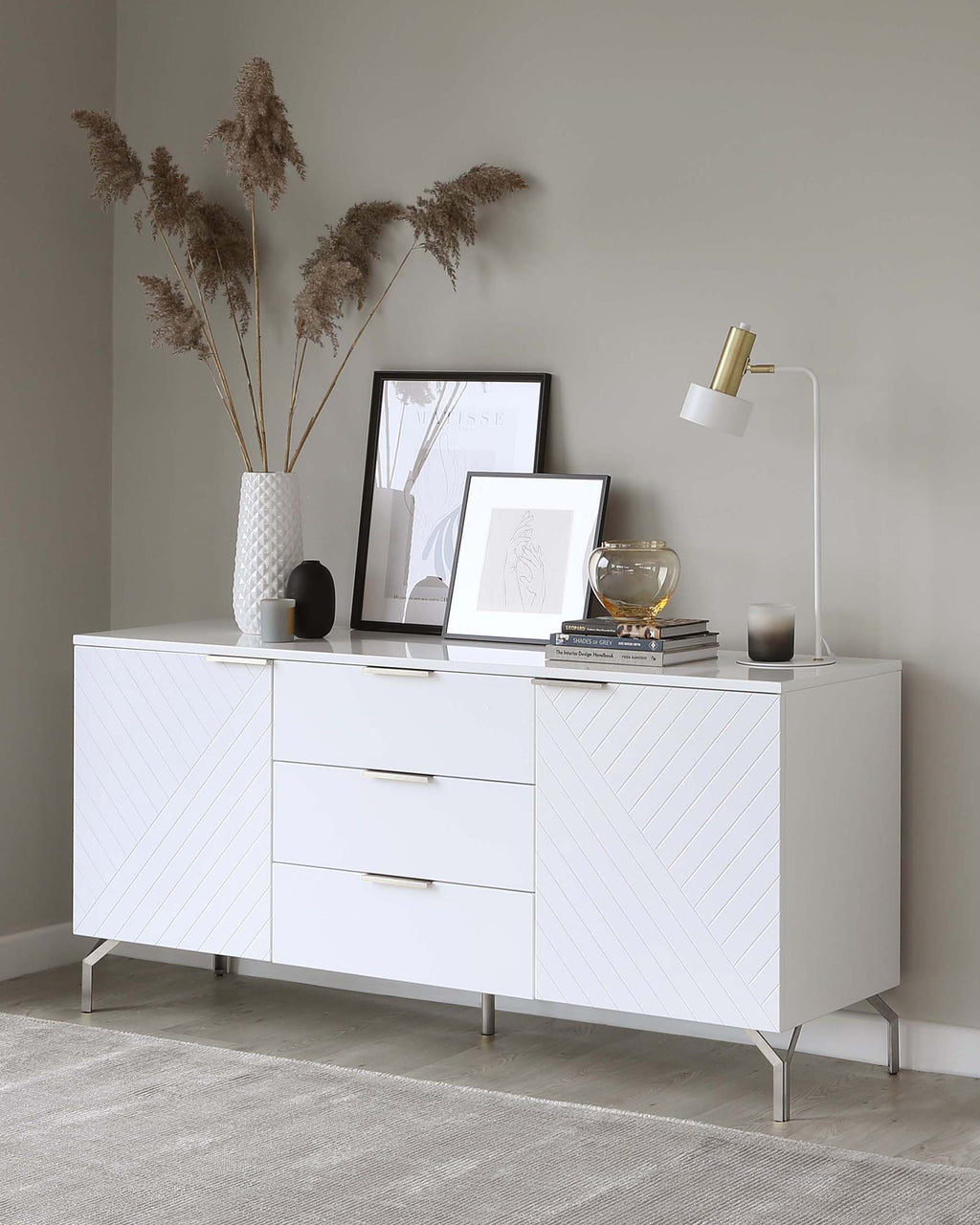 Geo Large Matt White and Stainless Steel Textured Sideboard