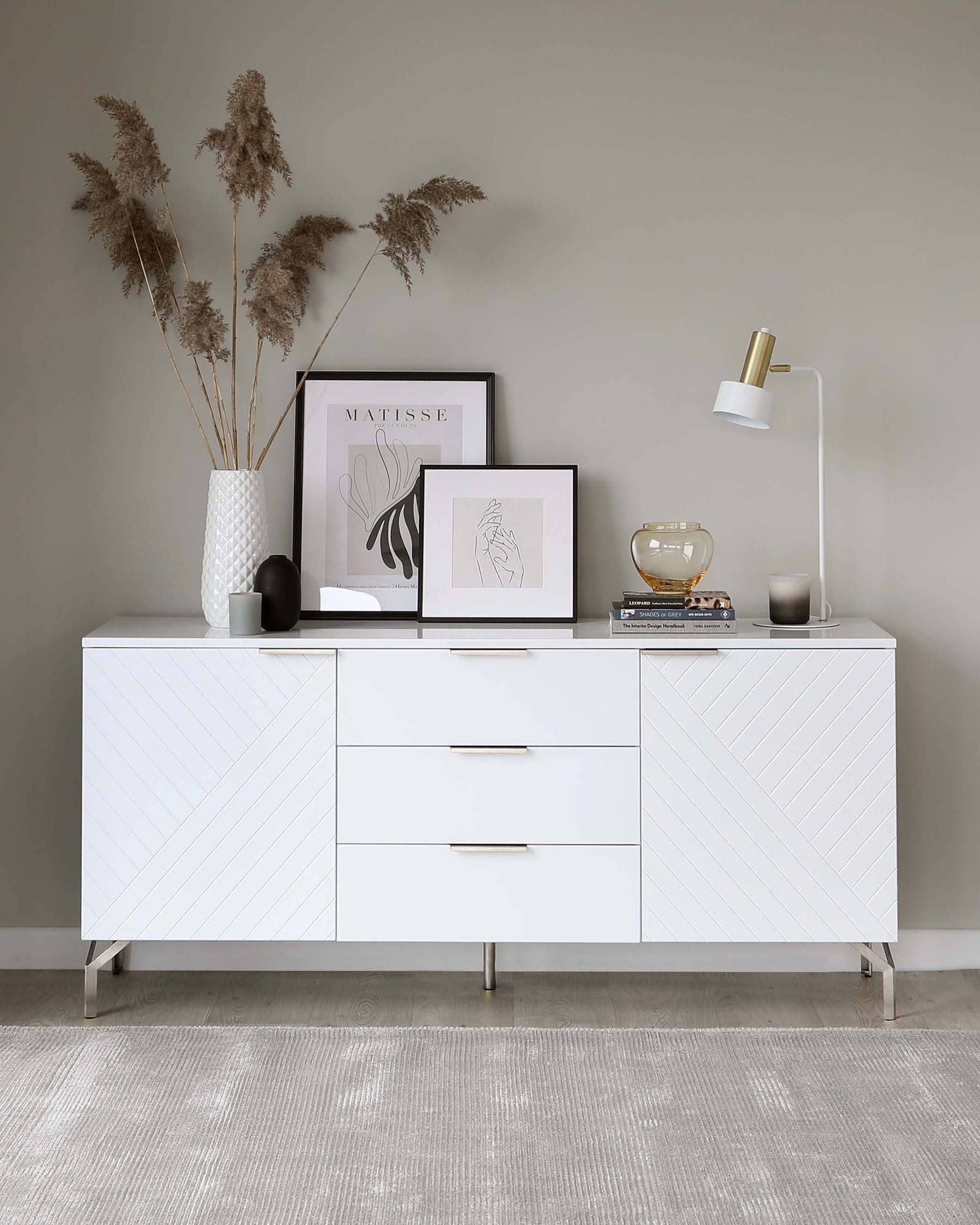 Geo Large Matt White and Stainless Steel Textured Sideboard