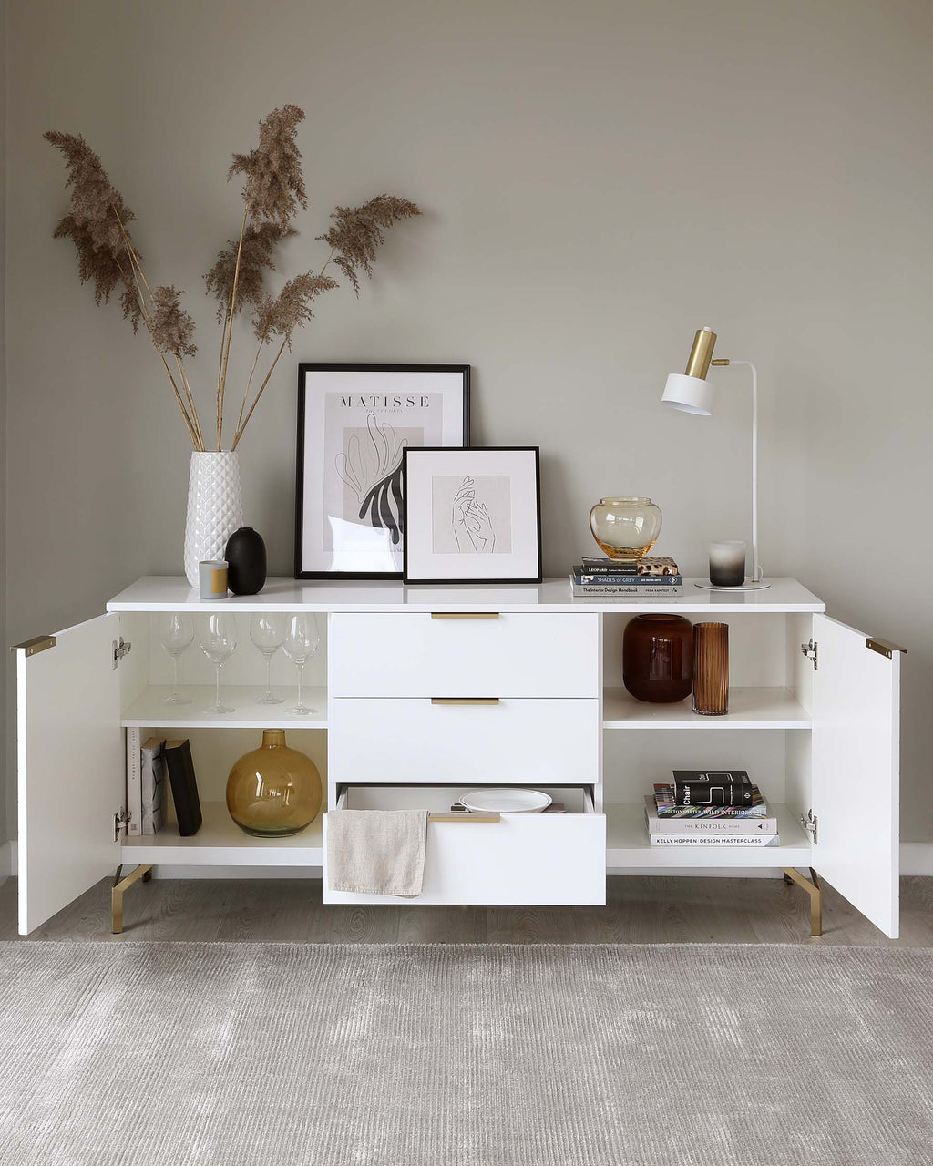 Geo Large Matt White and Brass Textured Sideboard
