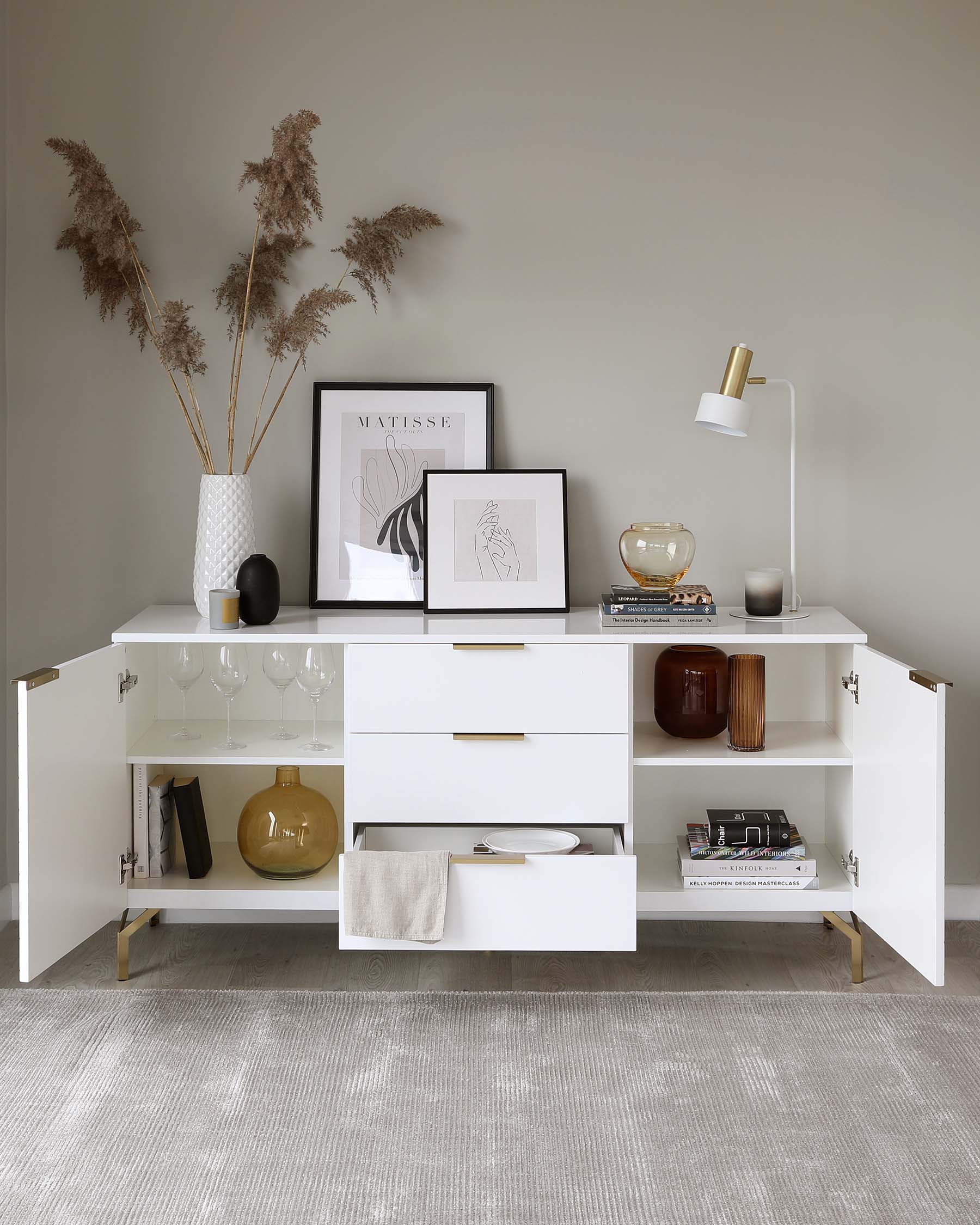 Geo Large Matt White and Brass Textured Sideboard