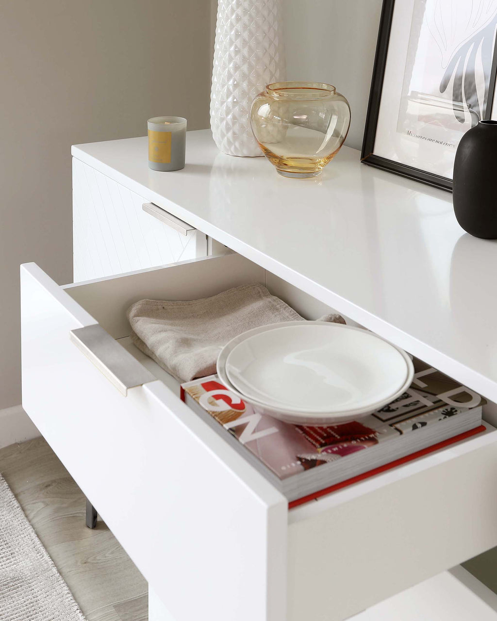 Geo Large Matt White and Stainless Steel Textured Sideboard