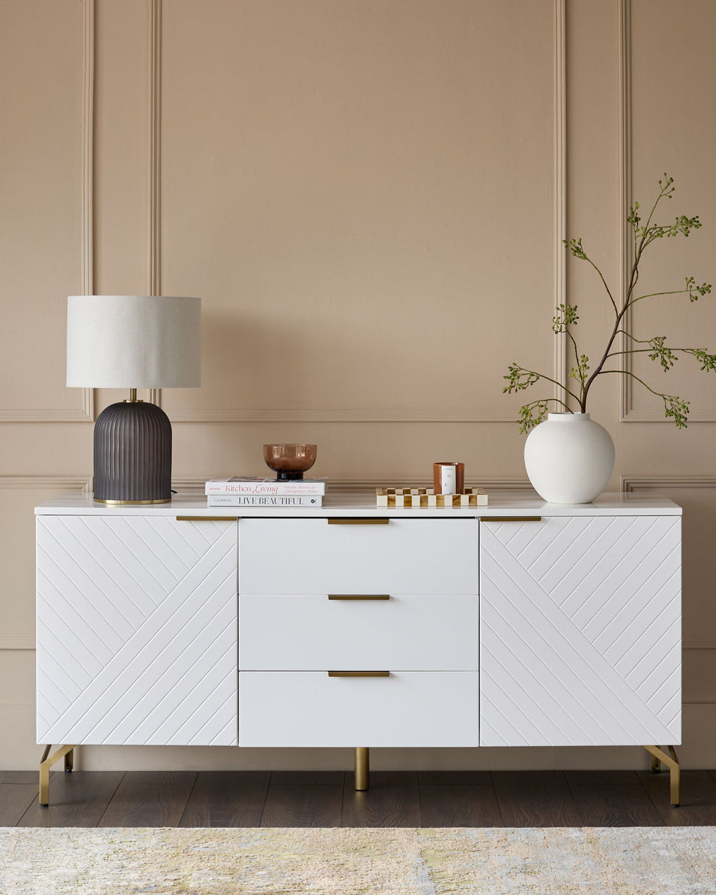 Geo Large Matt White and Brass Textured Sideboard