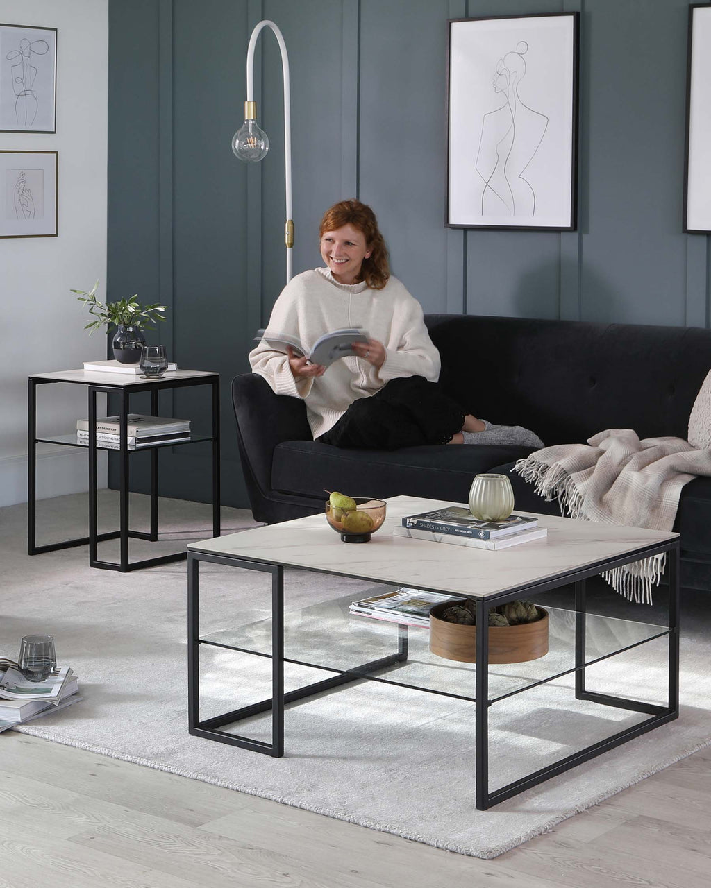 Georgia White Marbled Ceramic Side Table