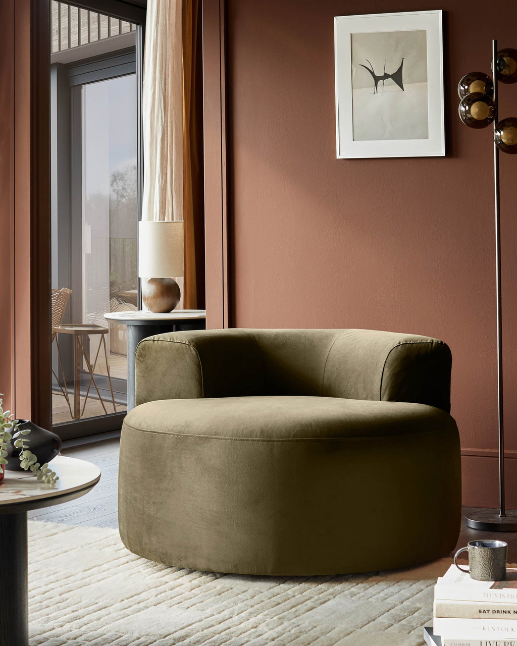 Gianna olive green velvet swivel armchair