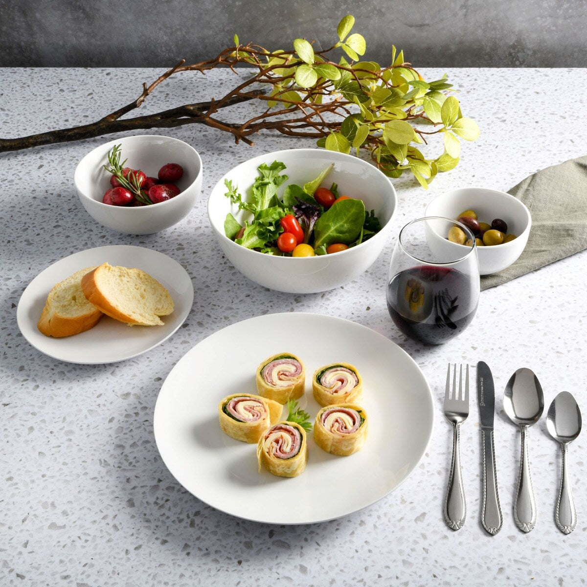 Gibson Home All U Need 60 Piece Plates, Bowls, Glassware, Forks, Spoons, and Knives (Service for 6) Dinnerware Set