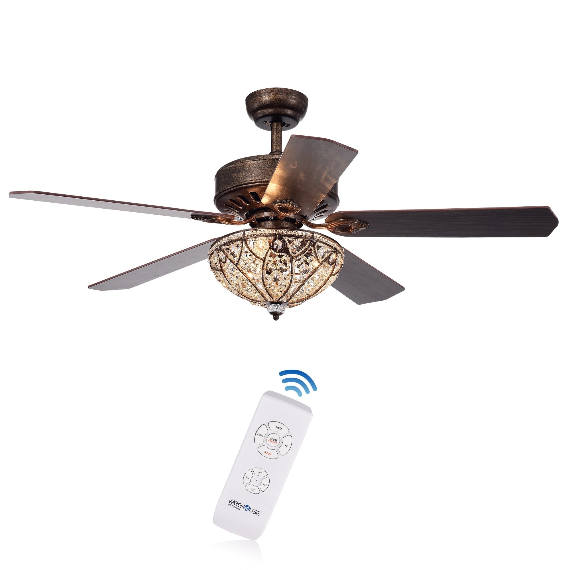 Gliska Rustic Bronze 5-blade Lighted Ceiling Fan with Crystal Shade