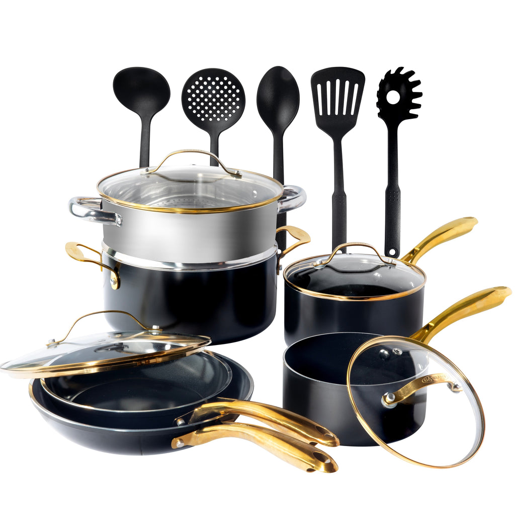 Gotham Steel Black Pots and Pans 15 Piece Ultra Nonstick Ceramic Cookware Set with Utensils