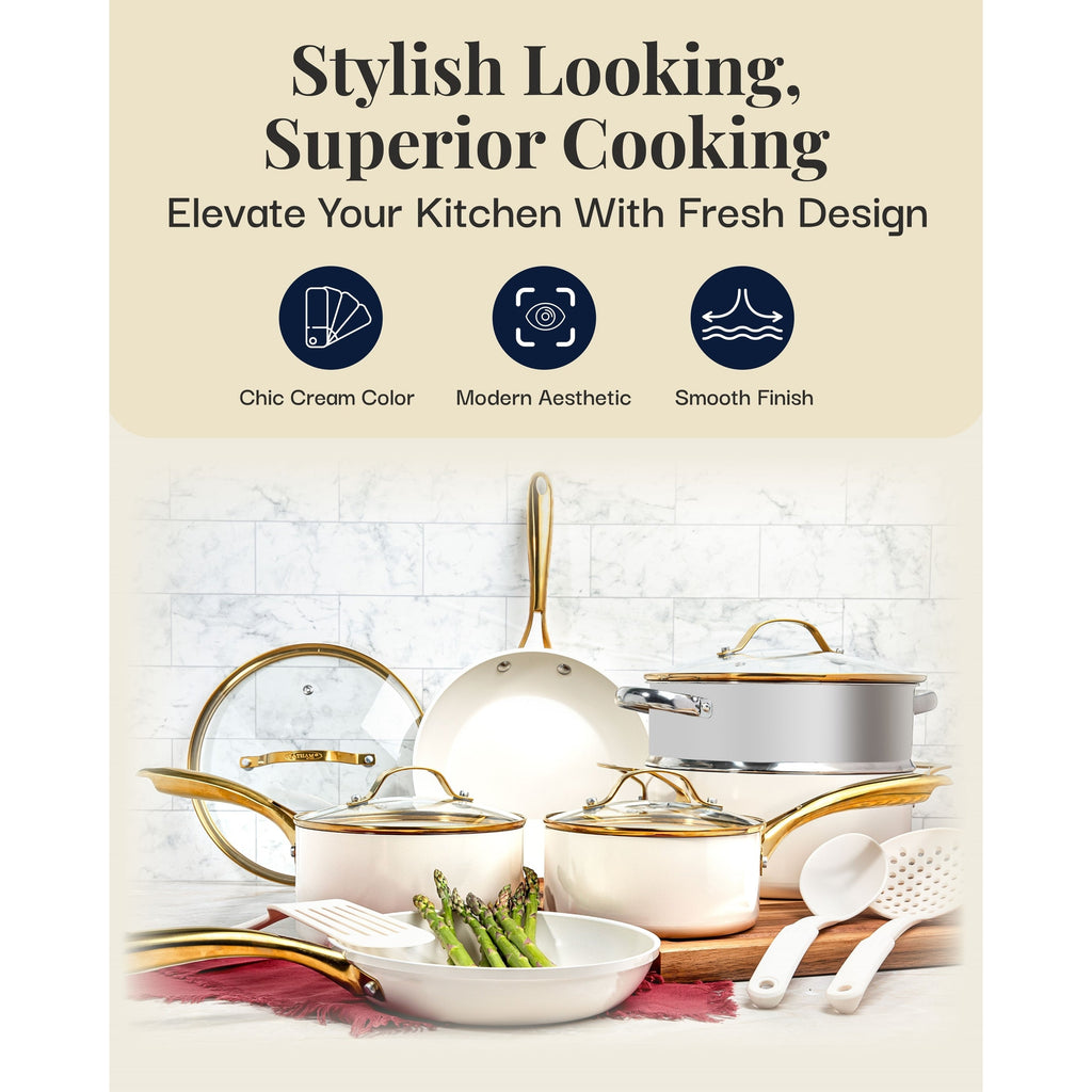 Gotham Steel Cream Pots and Pans 15 Piece Ultra Nonstick Ceramic Cookware Set with Utensils