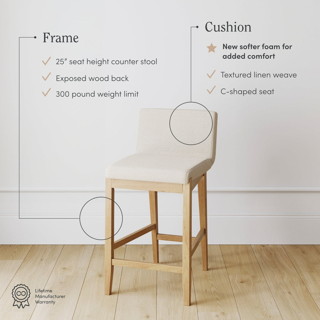 Gracie Modern Bar Stool, Boucle Upholstered Chair and Brushed Wooden Legs