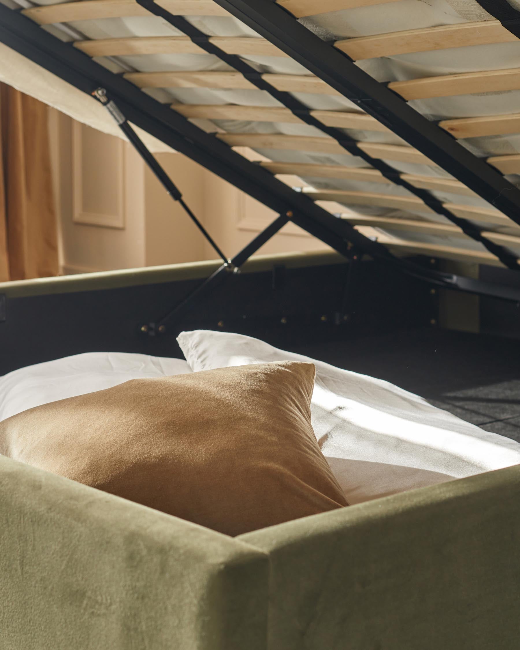 Grove natural fabric and olive green velvet king size ottoman storage bed