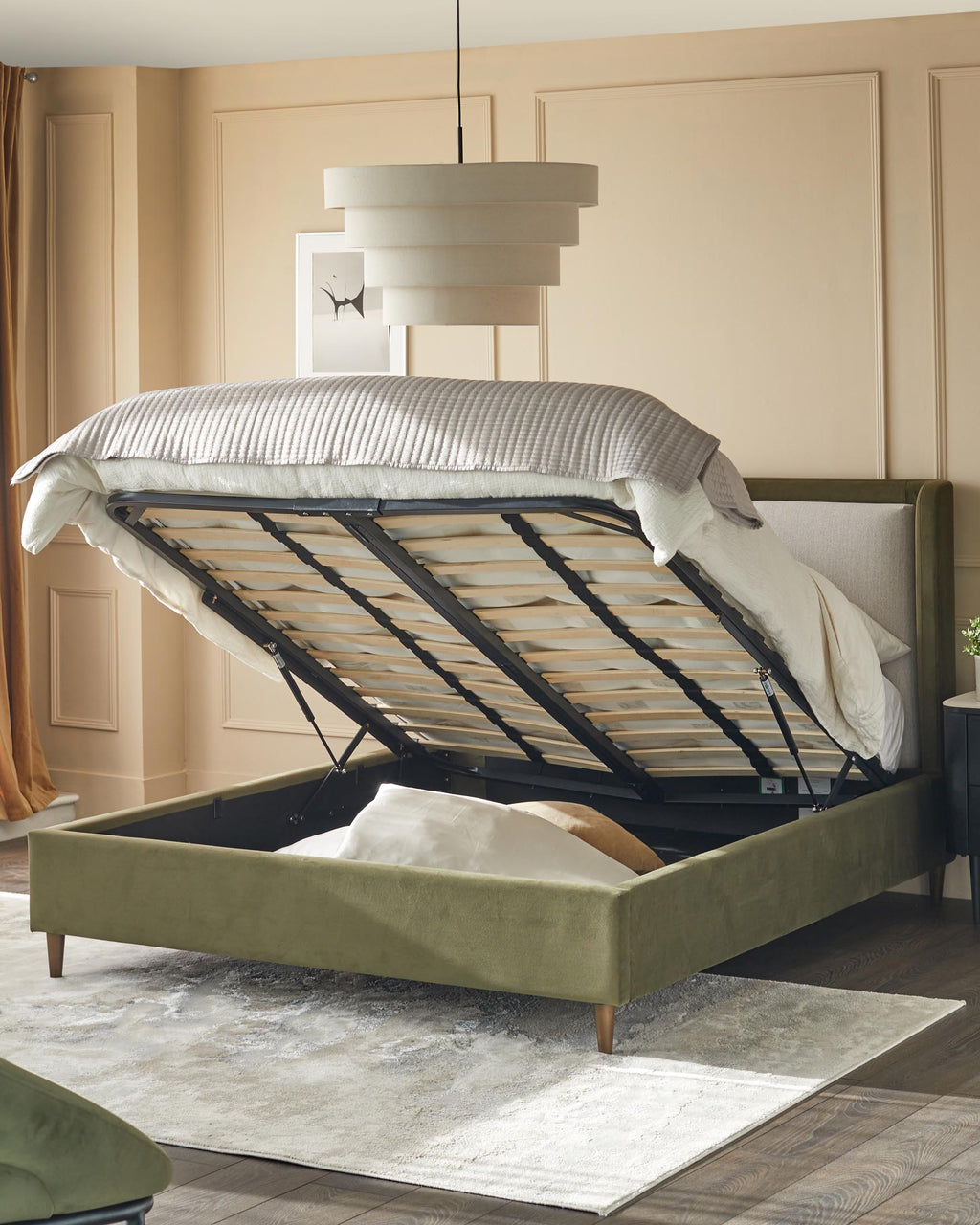 Grove natural fabric and olive green velvet super king ottoman storage bed