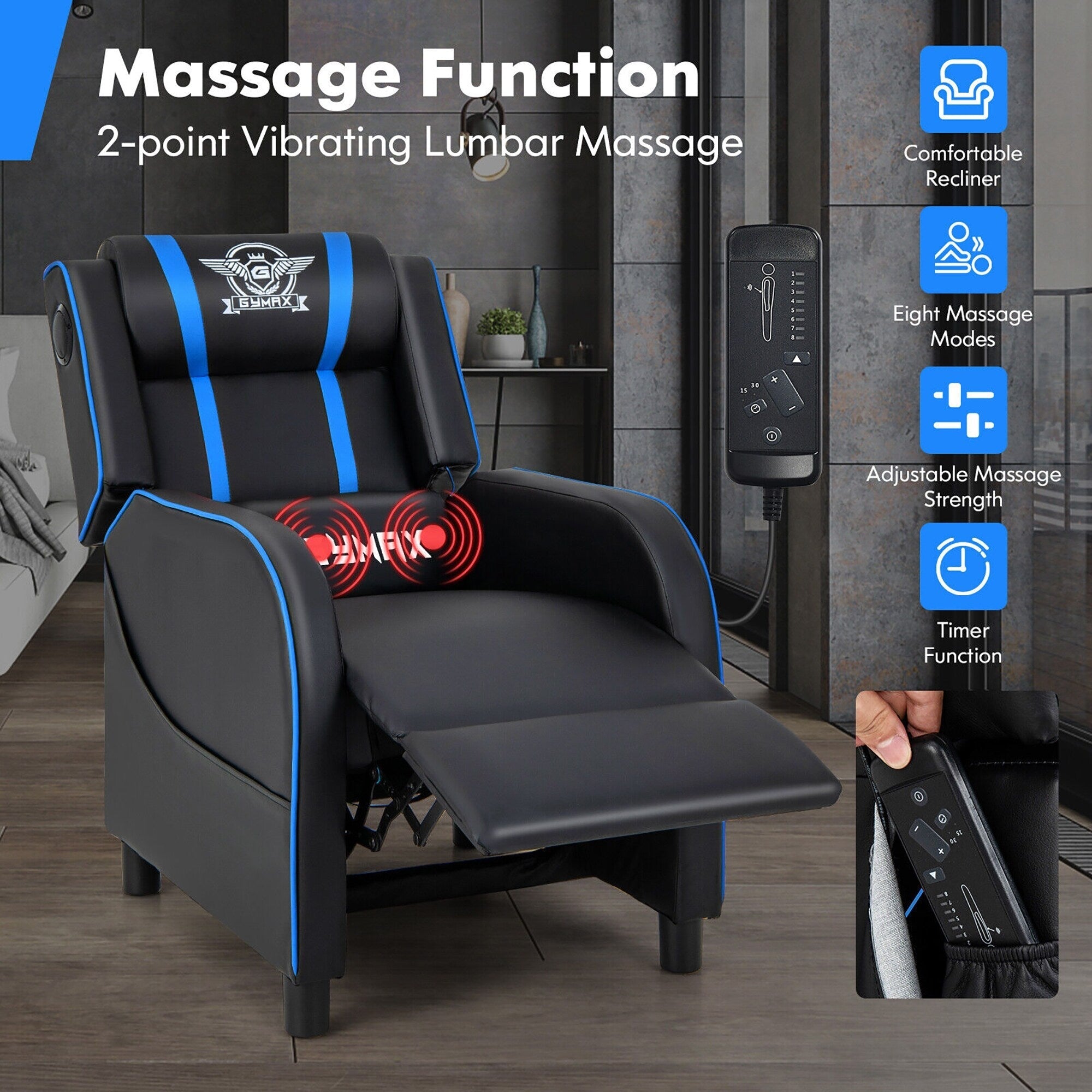 Gymax Massage Gaming Recliner Chair PU Leather Single Recliner Sofa