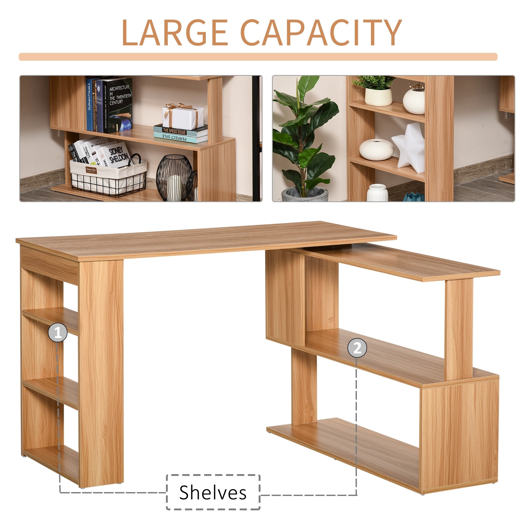 HomCom Modern L Shaped Rotating Computer Desk with Bookshelves