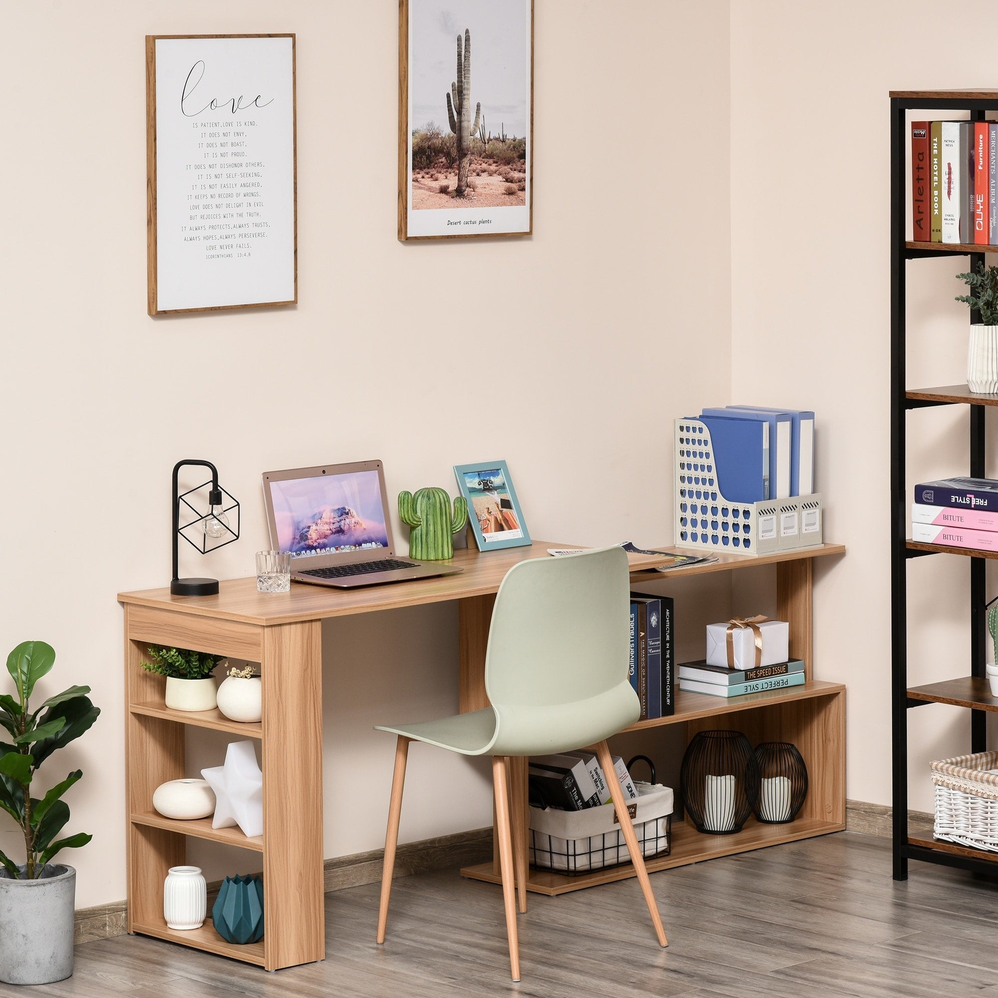 HomCom Modern L Shaped Rotating Computer Desk with Bookshelves