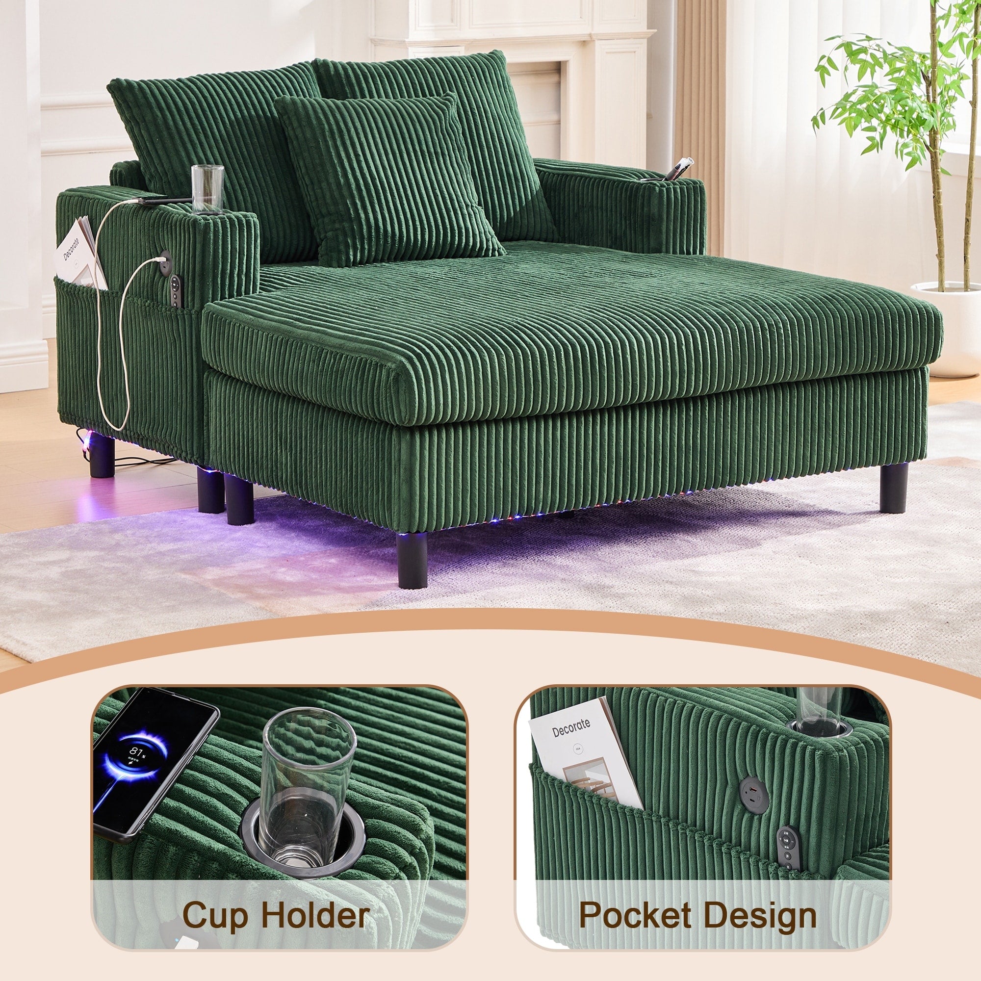 HOMEFUN Corduroy Upholstered Oversized RGB LED Light Recliner Sofa Bed with Cup Holder,USB&3 Pillows