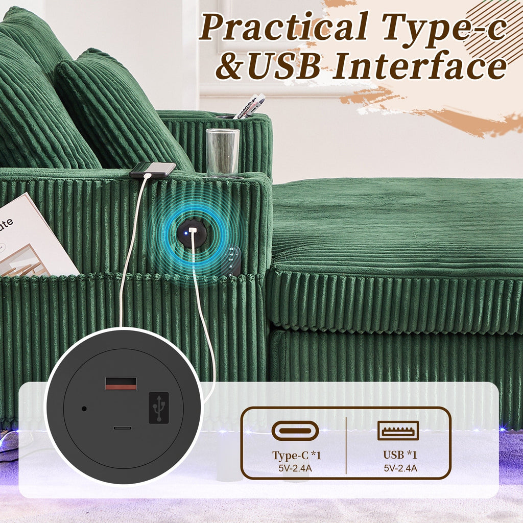 HOMEFUN Corduroy Upholstered Oversized RGB LED Light Recliner Sofa Bed with Cup Holder,USB&3 Pillows