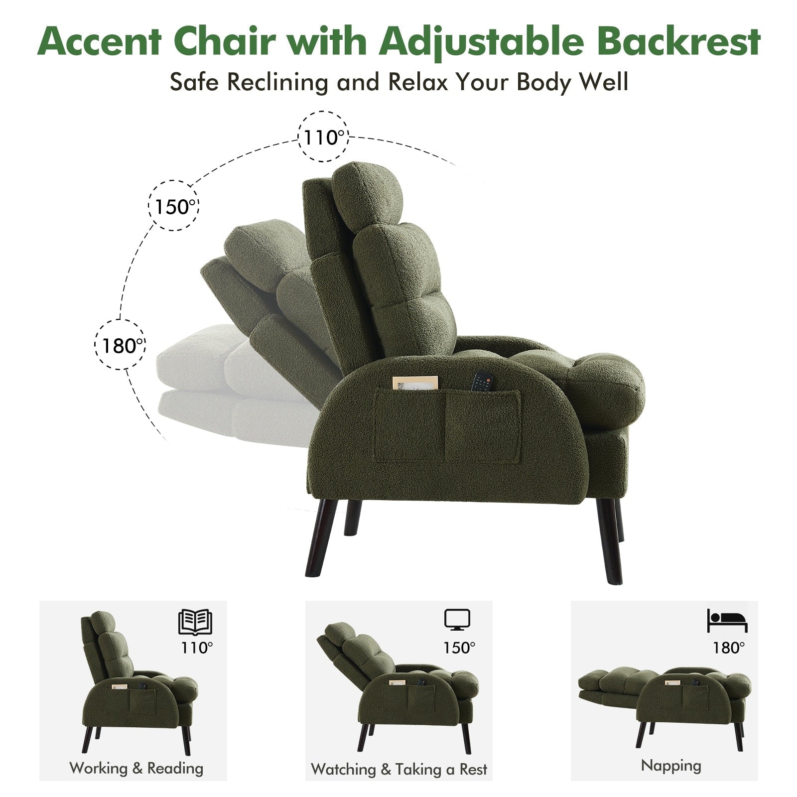 HOMYKA Accent Lounge Chair with Adjustable Backrest Storage Ottoman