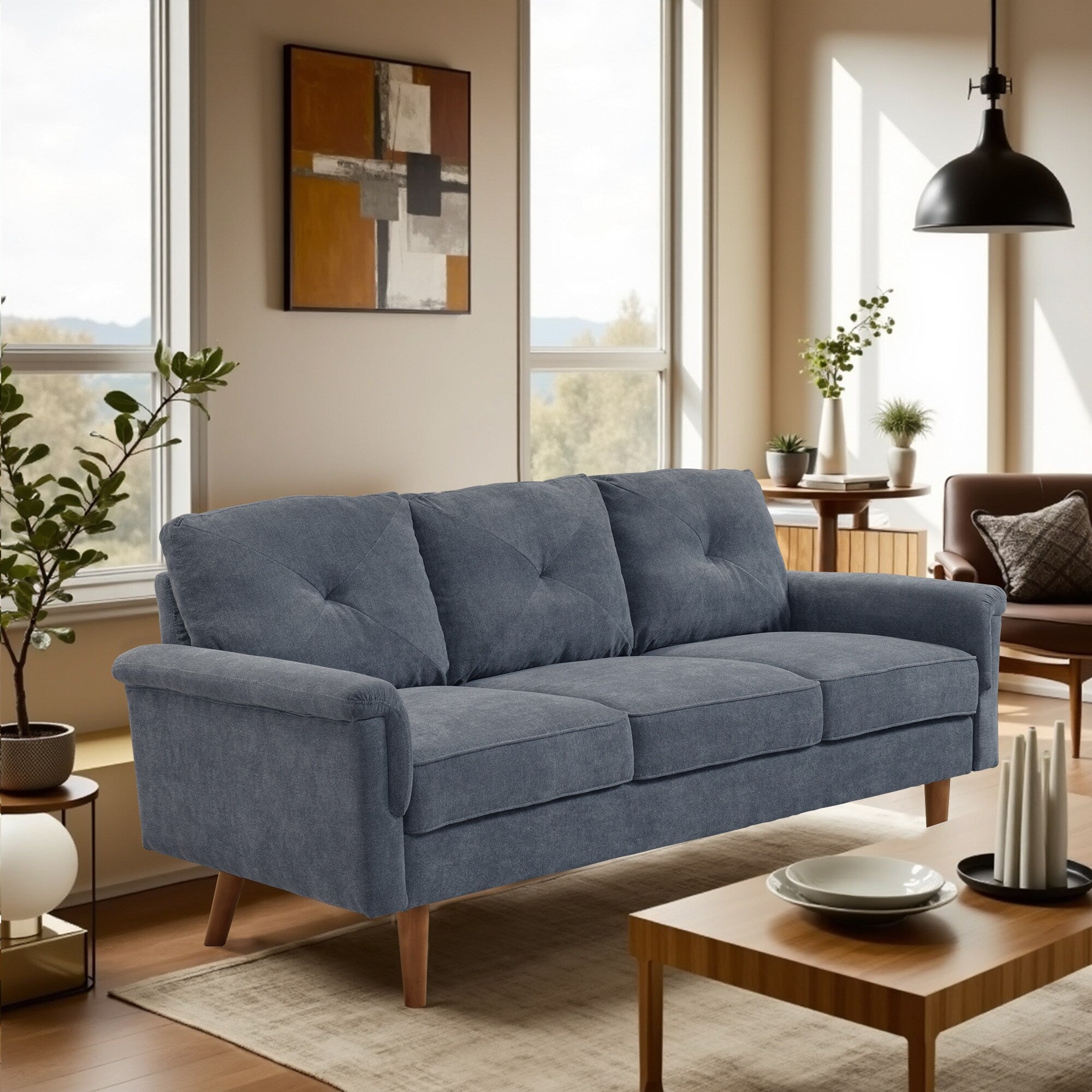 HOOOWOOO Mid-Century 3-Seat Upholstered Sofa with Wood Legs for Living Room
