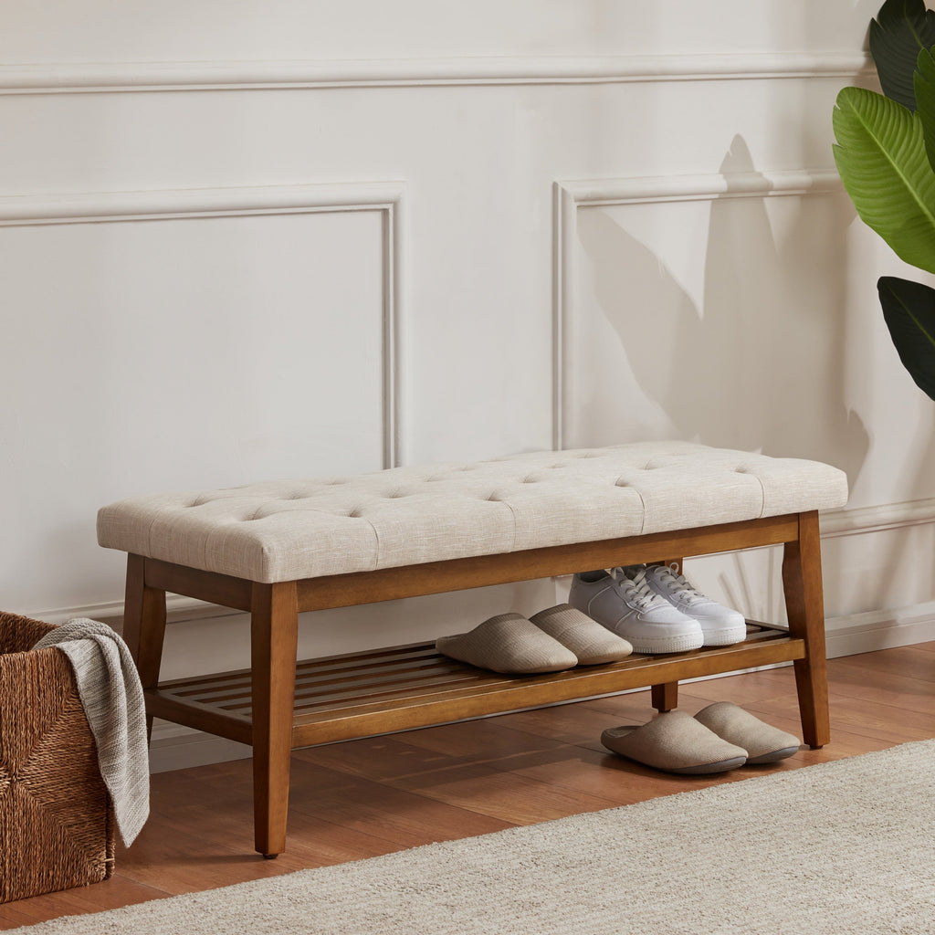 Entryway Shoe Bench Storage Bench Fabric Solid Wood, 43-inch Upholstered Bench for Living Room, Bedrooms
