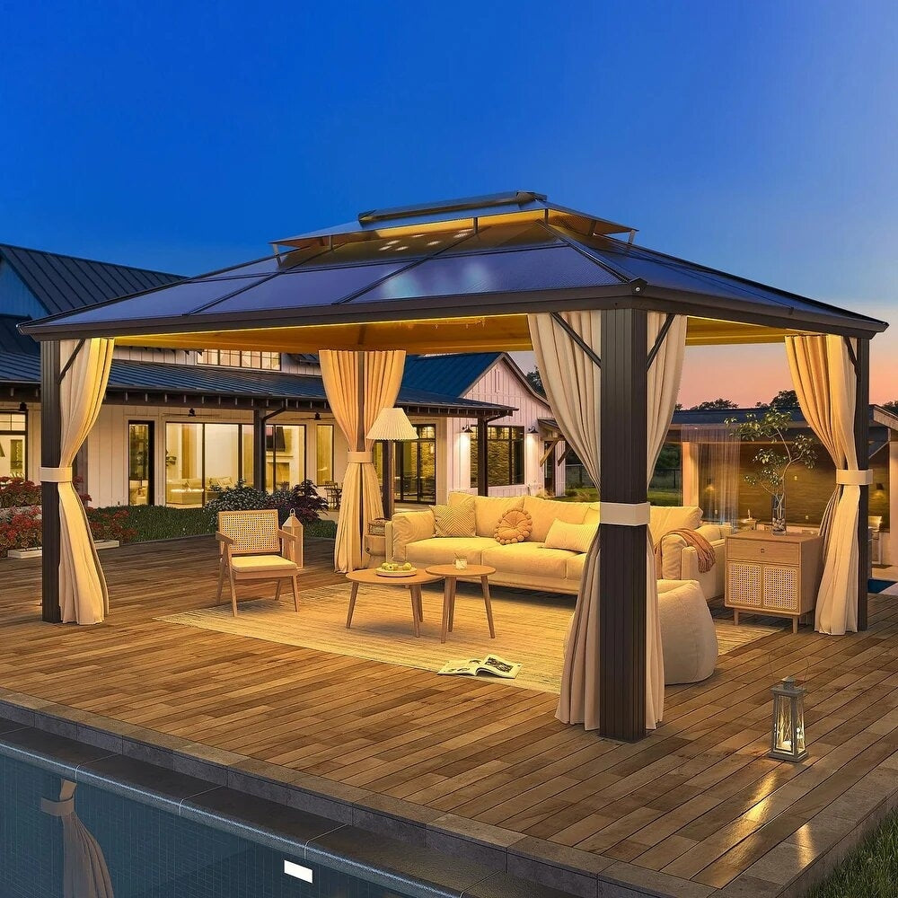 EROMMY Hardtop Gazebo,Outdoor Pergola with Double Roof & Netting & Curtains,Heavy Duty Canopy for Patio, Backyard, Pool party