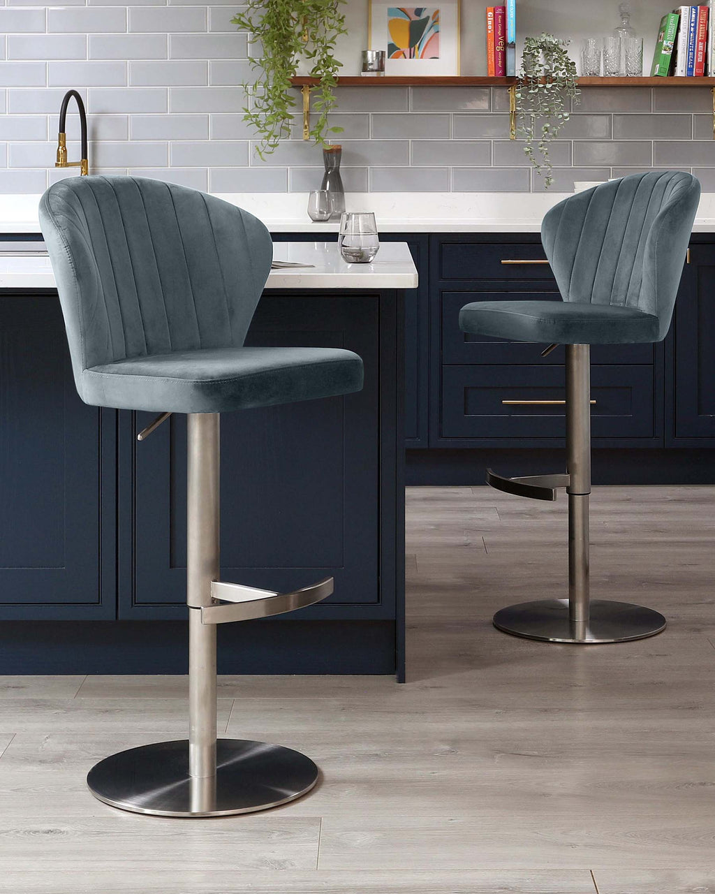 Harper Blue Grey Velvet Gas Lift Bar Stool