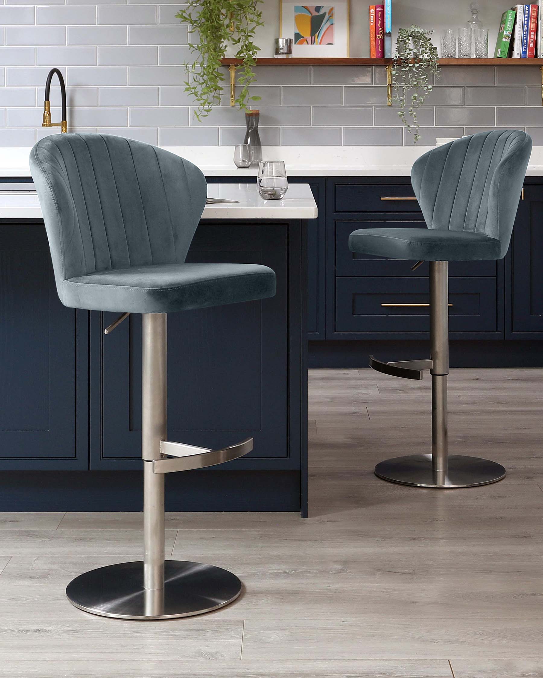 Harper Blue Grey Velvet Gas Lift Bar Stool