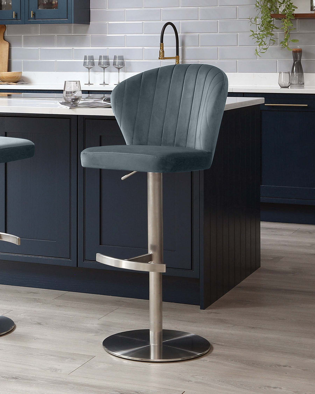 Harper Blue Grey Velvet Gas Lift Bar Stool