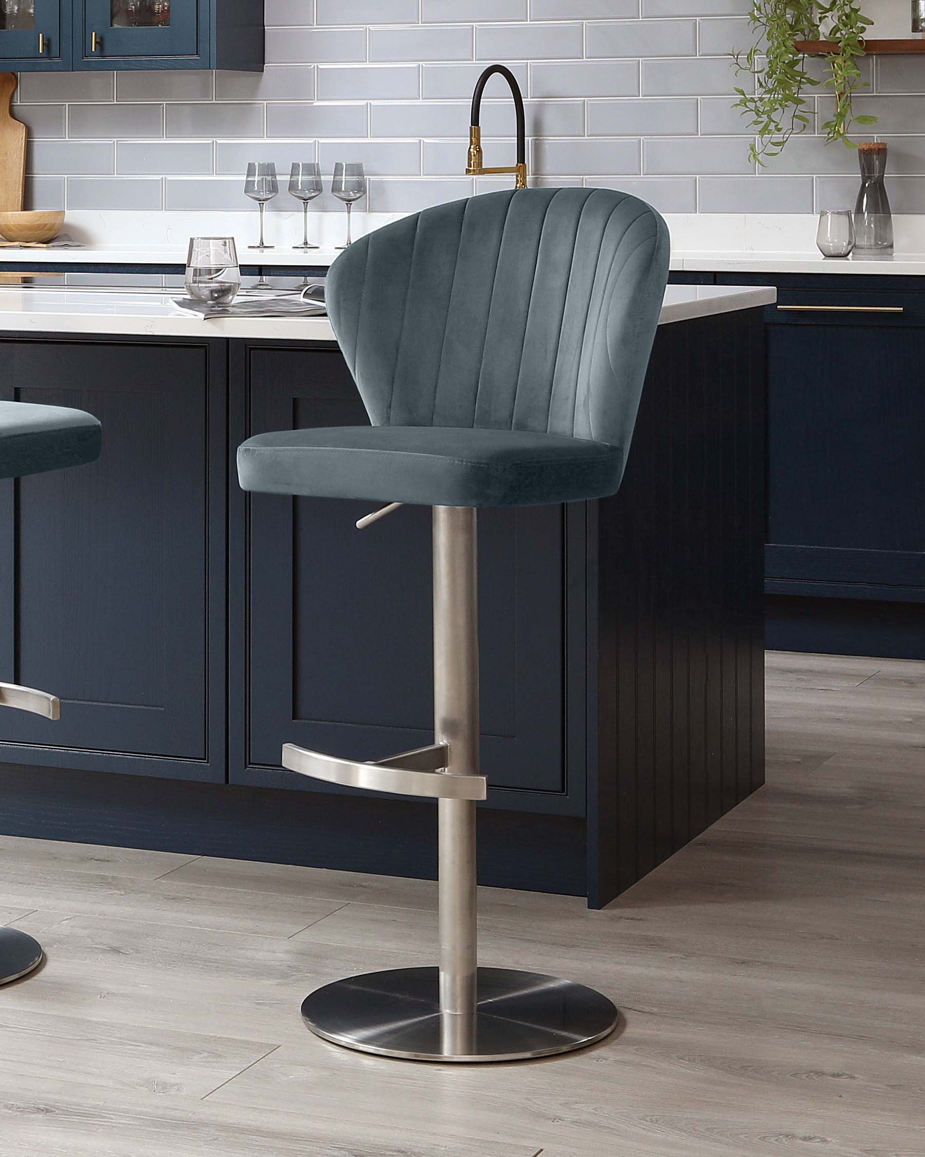 Harper Blue Grey Velvet Gas Lift Bar Stool