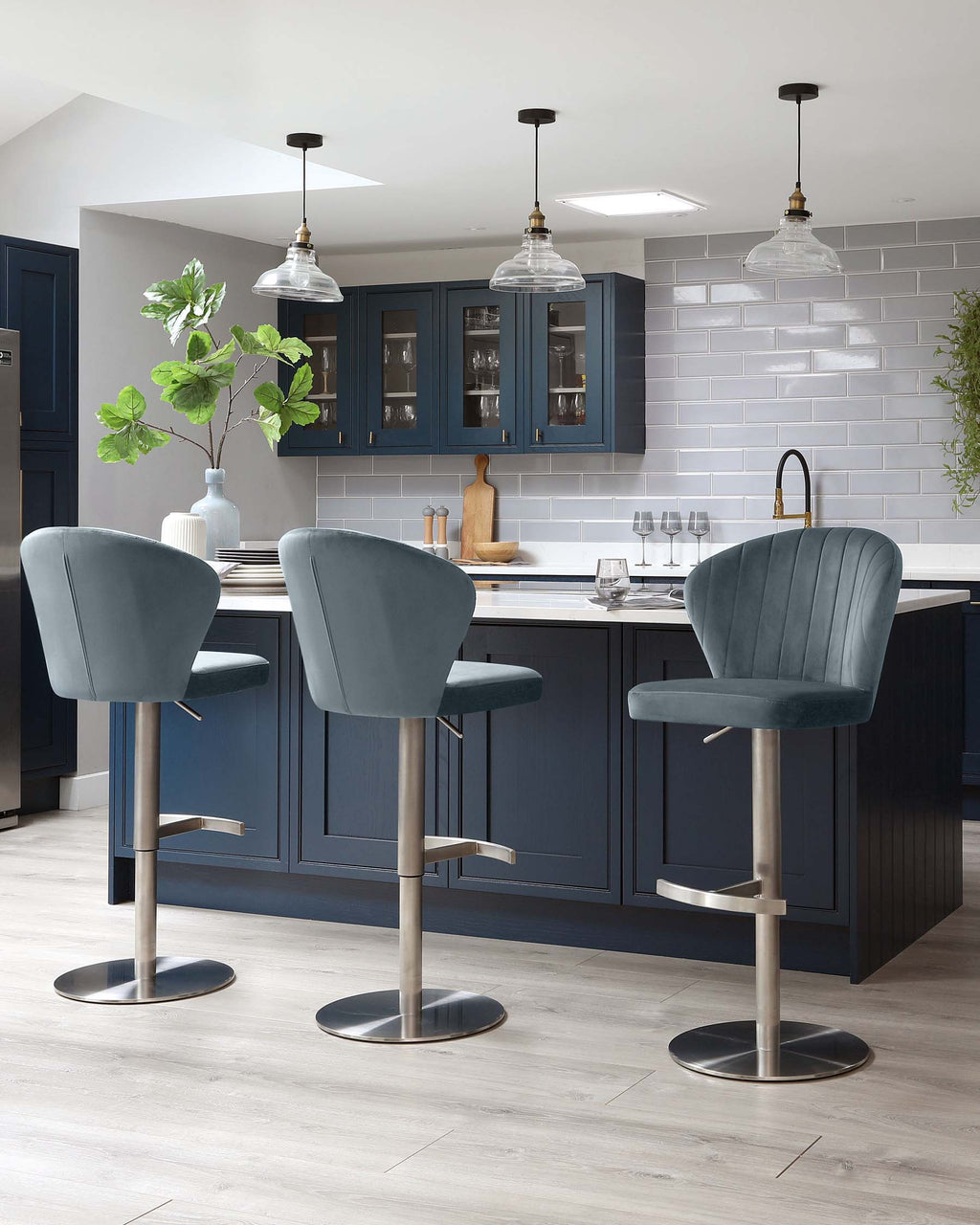 Harper Blue Grey Velvet Gas Lift Bar Stool