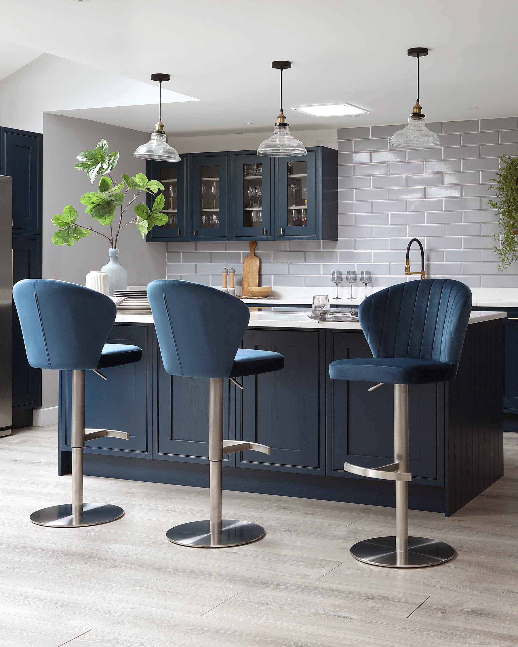 Harper Dark Blue Velvet Gas Lift Bar Stool