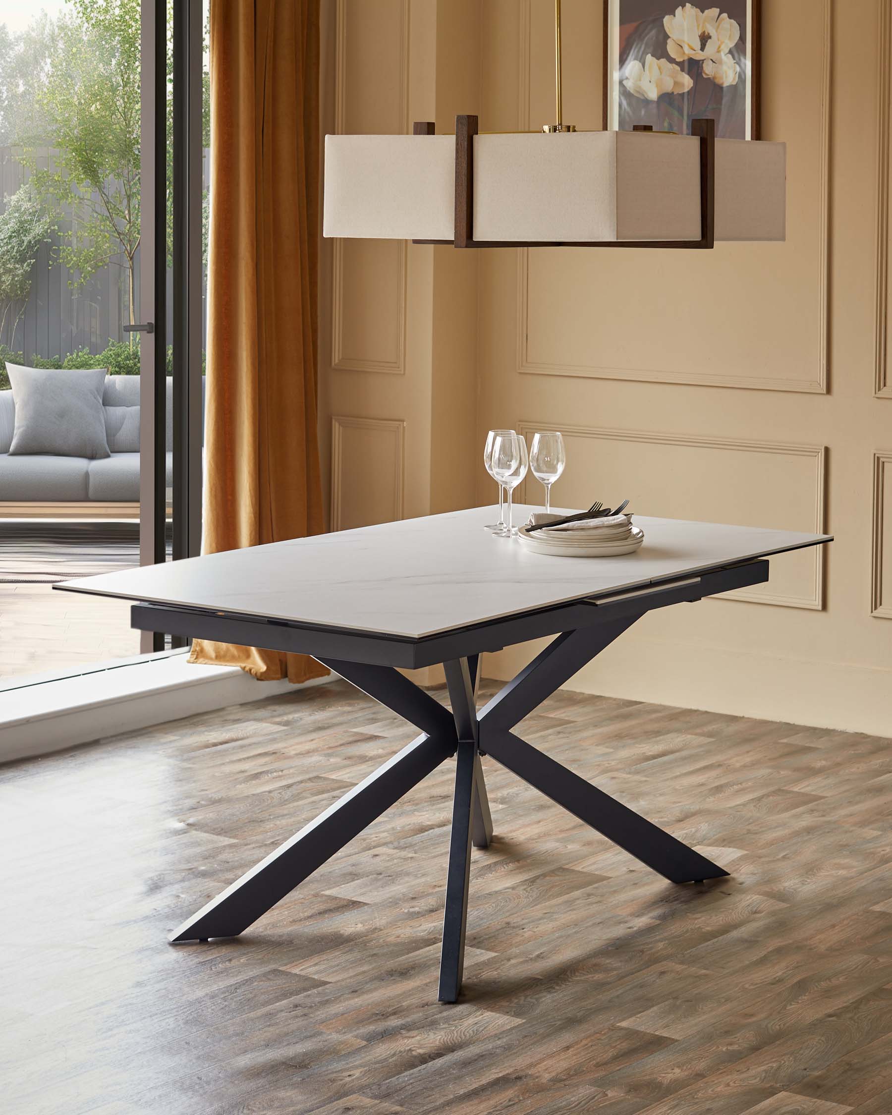 Hayden 6-8 White Ceramic Dining Table with 6 Serena Champagne Plush Velvet Dining Chairs