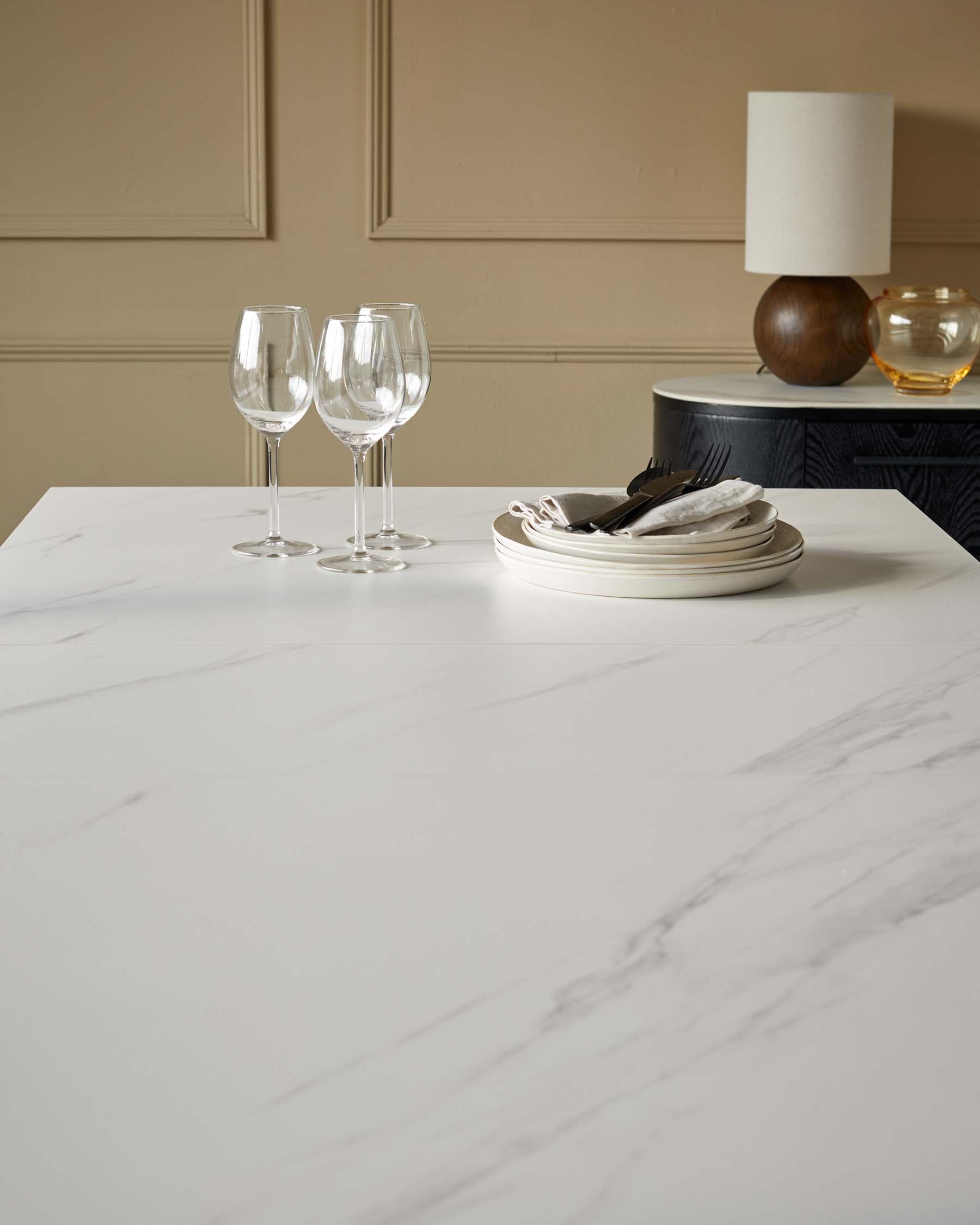 Hayden 6-8 White Ceramic Dining Table with 6 Serena Champagne Plush Velvet Dining Chairs