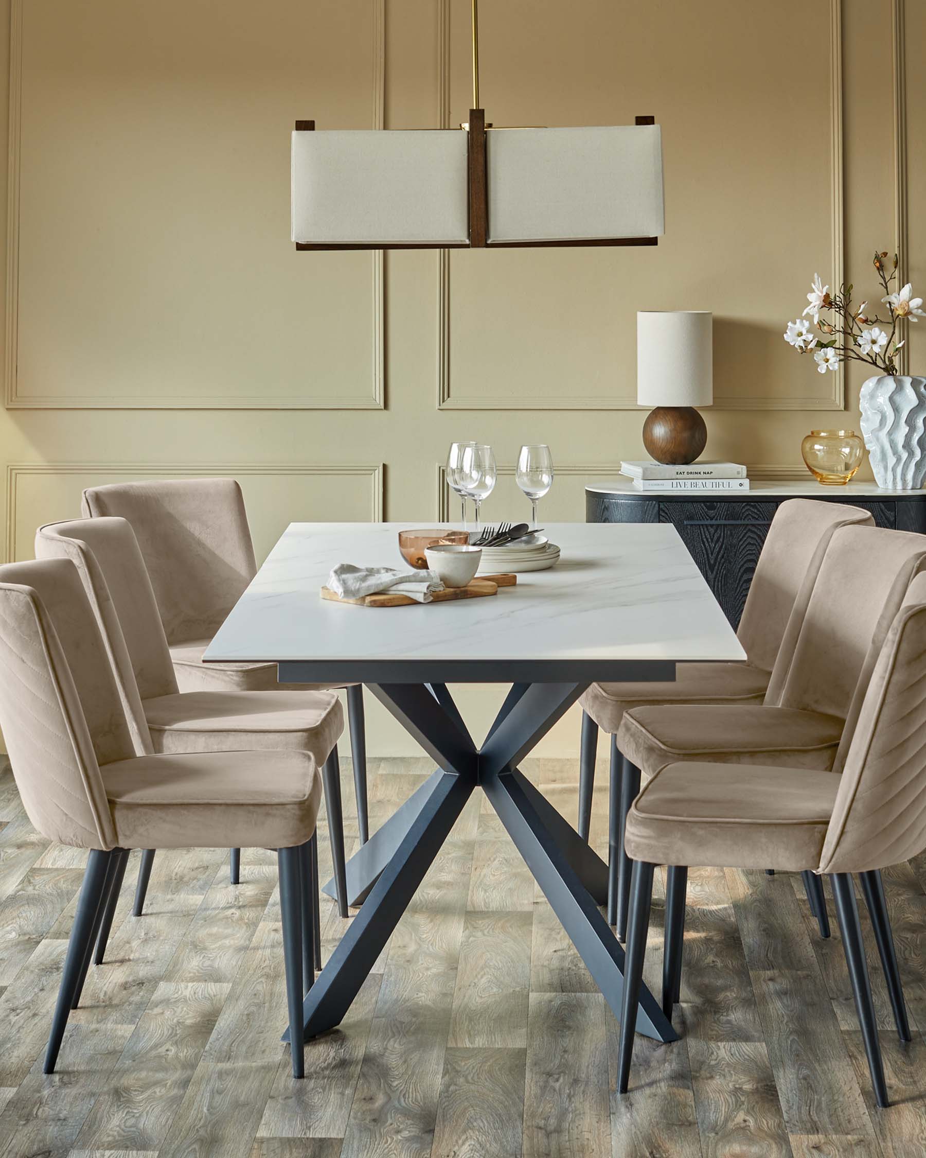 Hayden 6-8 White Ceramic Dining Table with 6 Serena Champagne Plush Velvet Dining Chairs